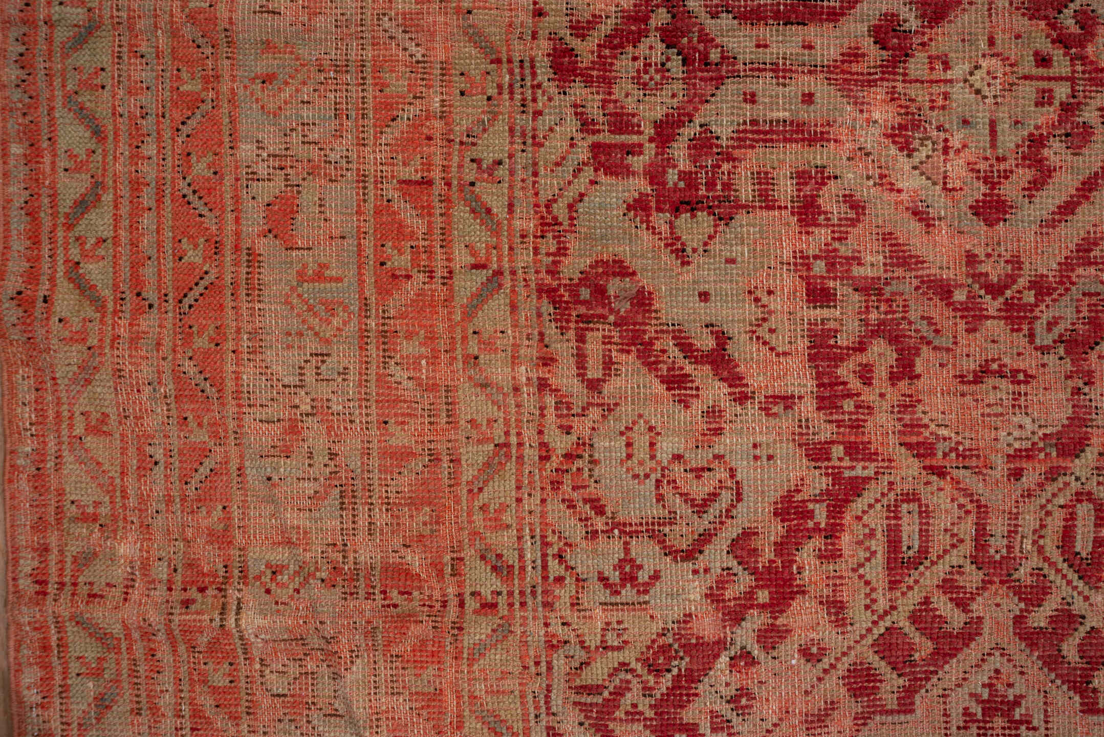 12' x 17' one-of-a-kind handmade antique Oushak oversize rug. Color palette: coral, rose, terra cotta, burgundy, dusty pink
