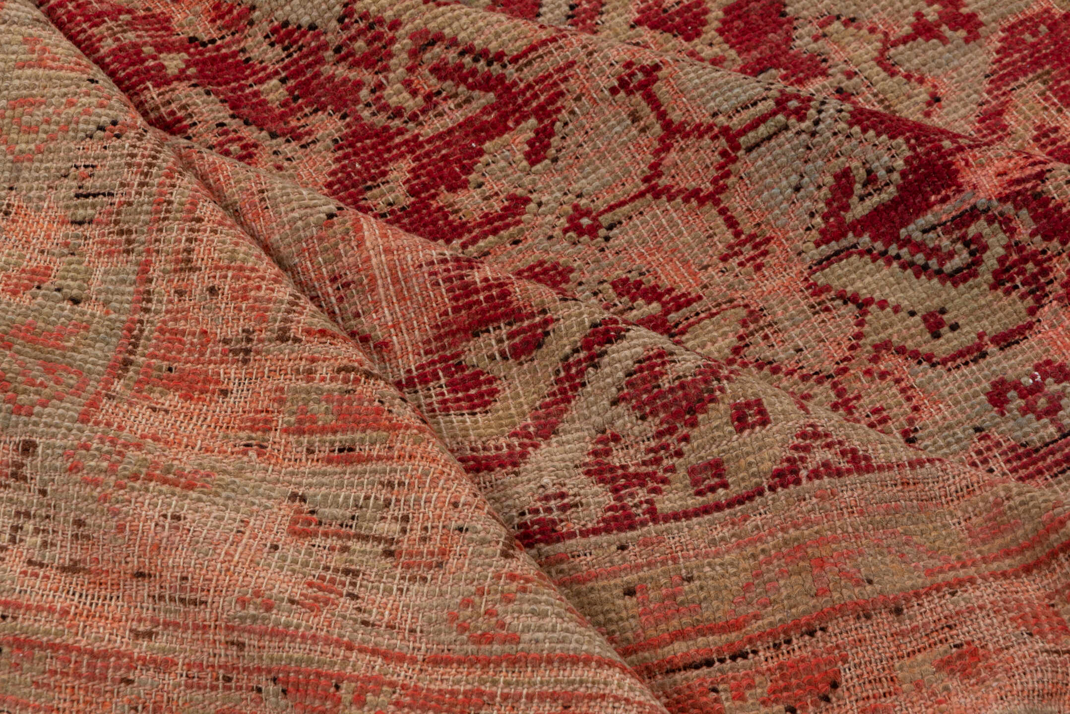 12' x 17' one-of-a-kind handmade antique Oushak oversize rug. Color palette: coral, rose, terra cotta, burgundy, dusty pink