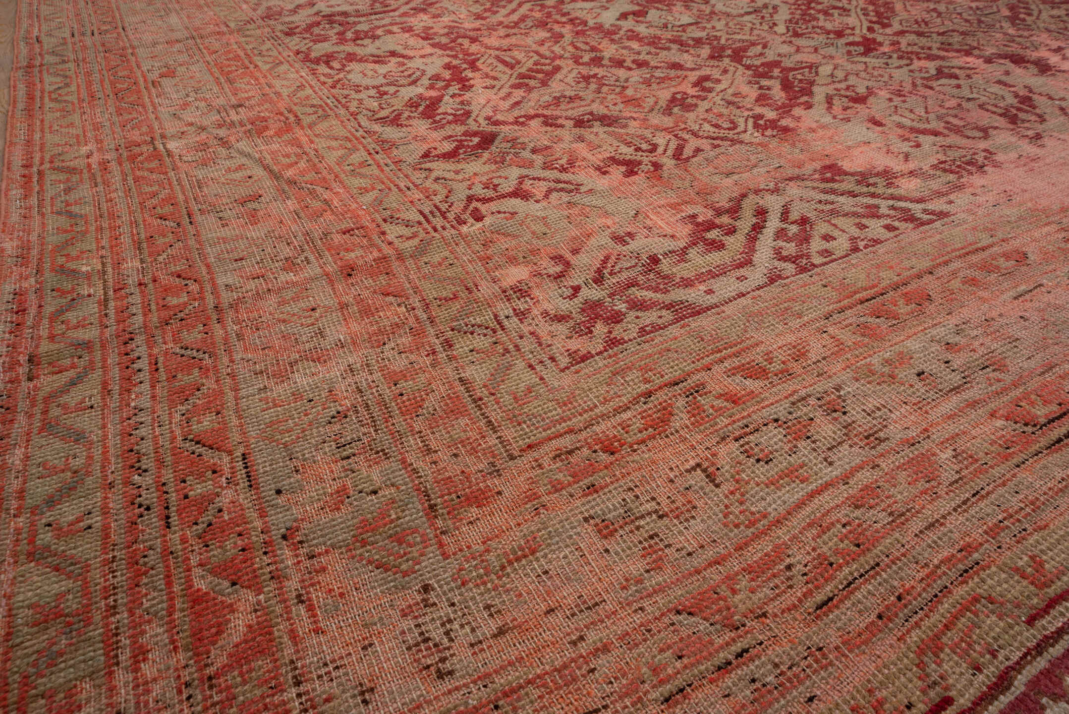 12' x 17' one-of-a-kind handmade antique Oushak oversize rug. Color palette: coral, rose, terra cotta, burgundy, dusty pink