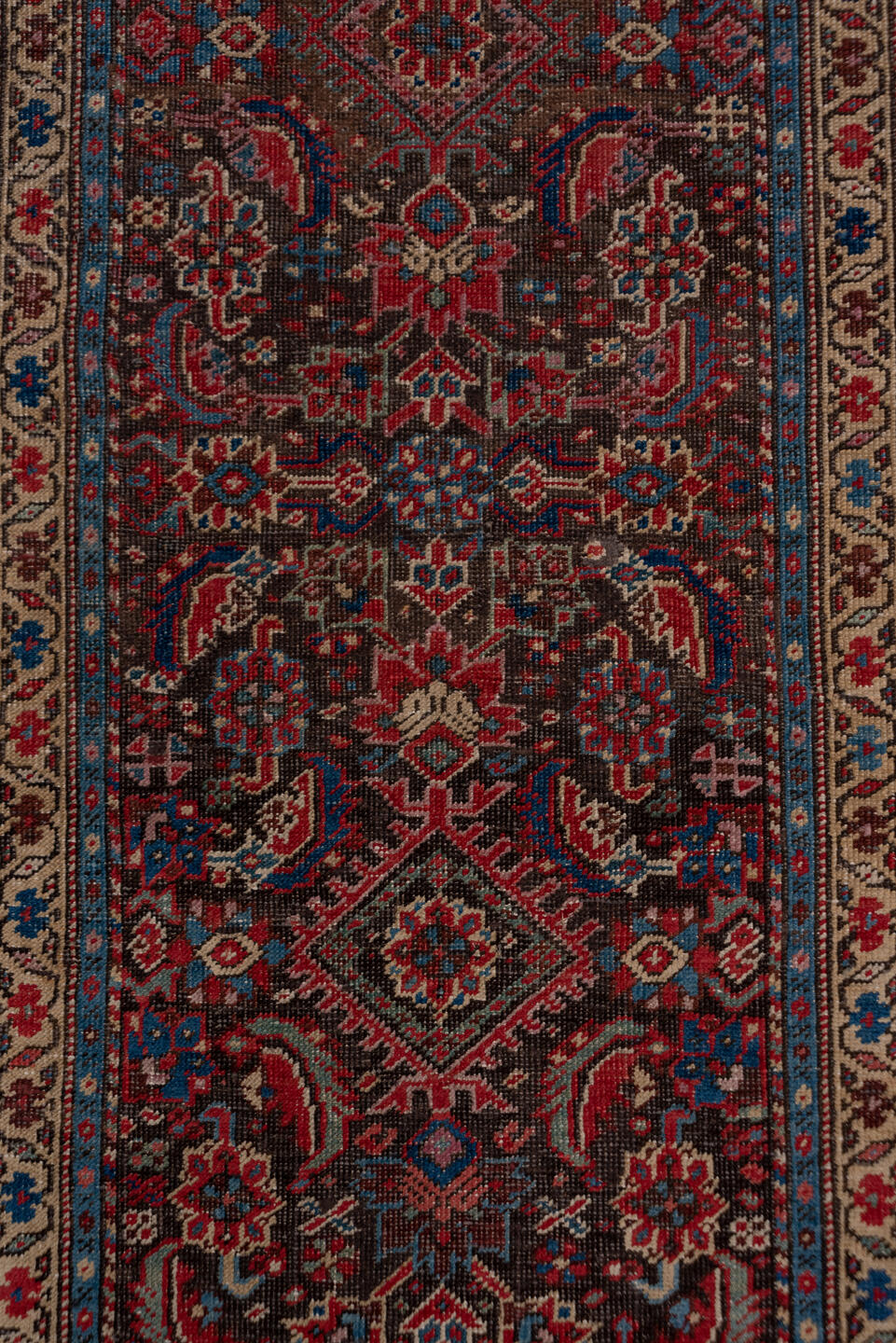 3' x 17' one-of-a-kind handmade vintage Karabagh runner rug. Color palette: navy, rust, ivory, crimson, slate, rose, camel