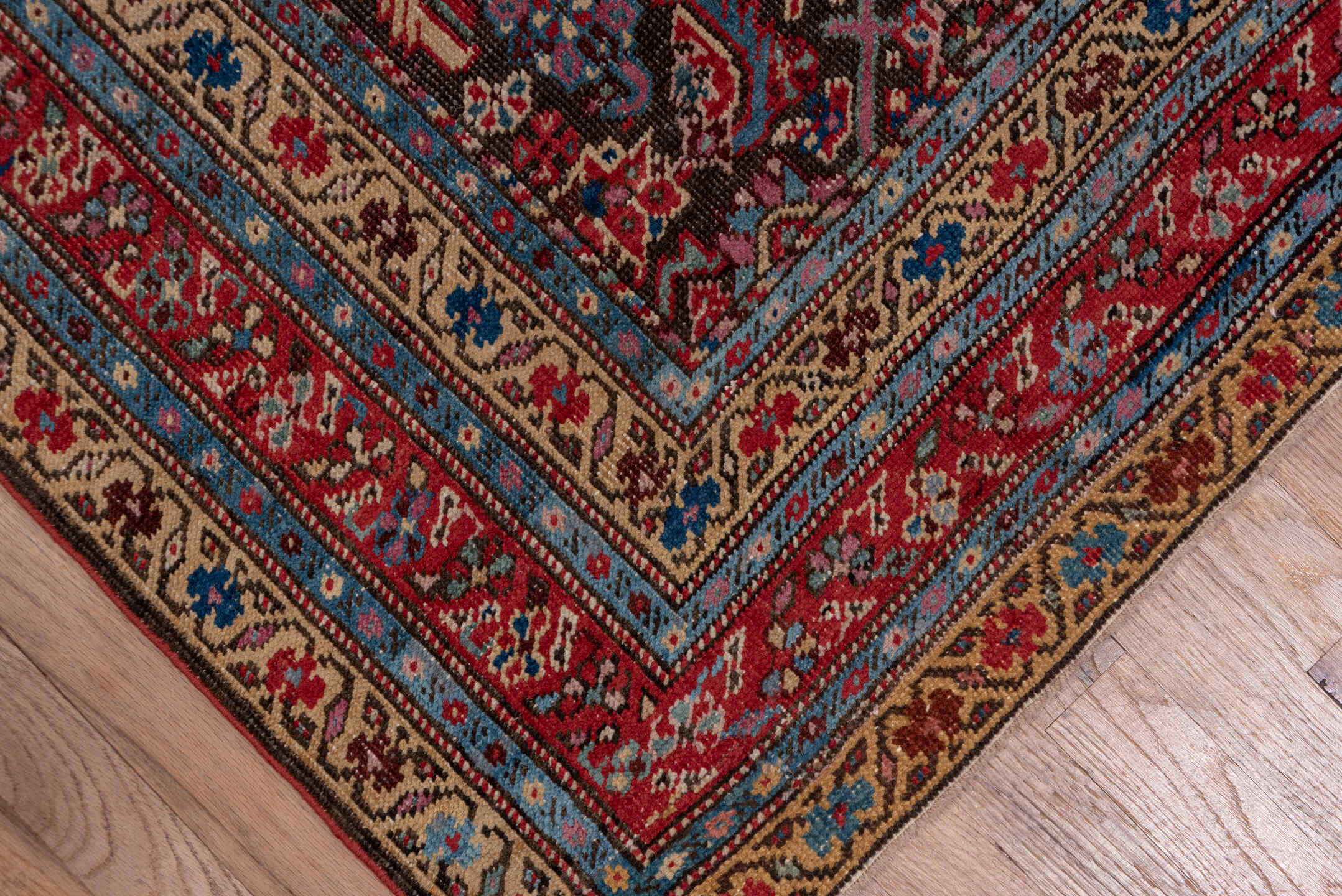 3' x 17' one-of-a-kind handmade vintage Karabagh runner rug. Color palette: black, blue, brown, gray, pink, red