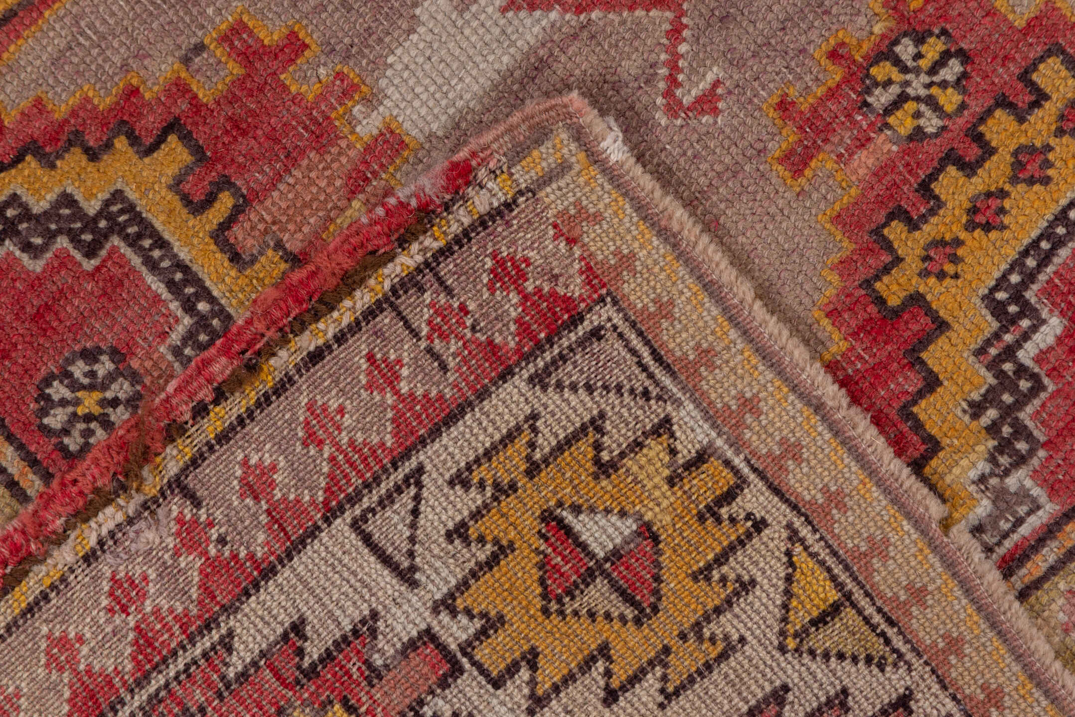 3' x 5' one-of-a-kind handmade vintage Oushak small size rug. Color palette: brown, pink, red