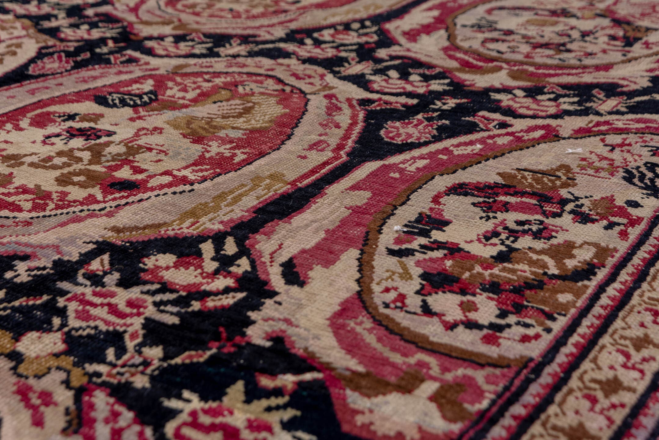 7' x 19' one-of-a-kind handmade vintage Karabagh rug. Color palette: navy, rose, ivory, burgundy, blush, taupe, olive, camel