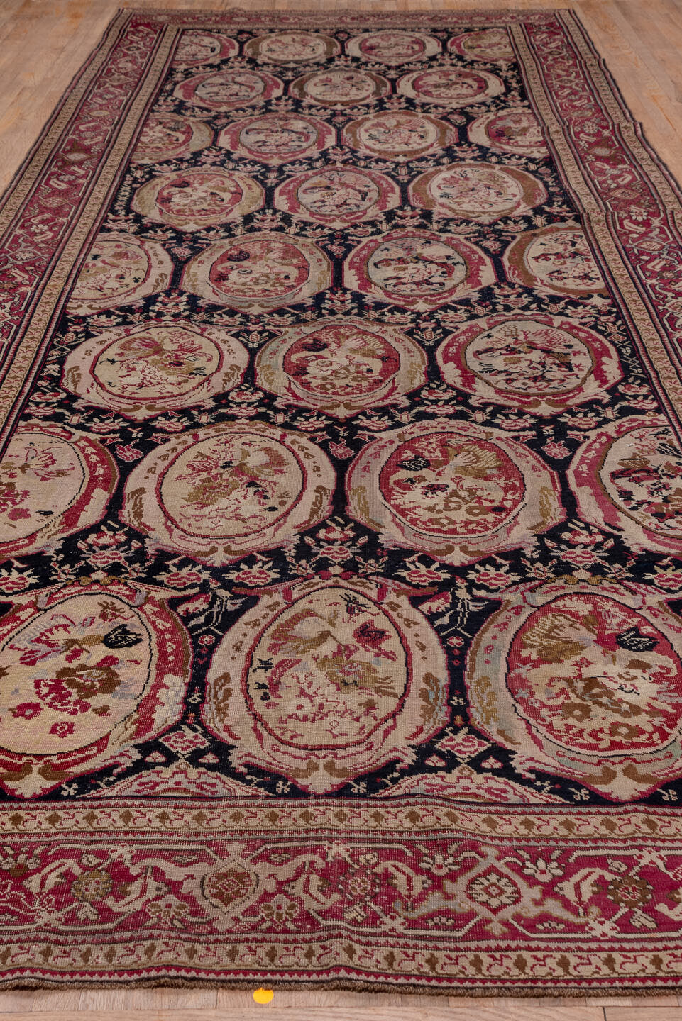 7' x 19' one-of-a-kind handmade vintage Karabagh rug. Color palette: navy, rose, ivory, burgundy, blush, taupe, olive, camel