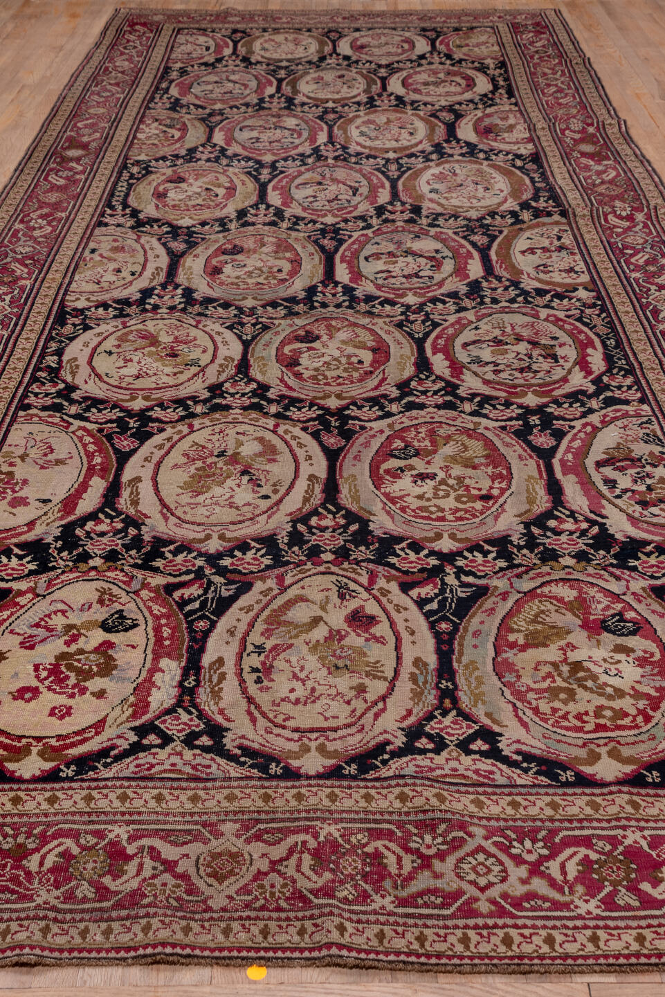 7' x 19' one-of-a-kind handmade vintage Karabagh rug. Color palette: navy, rose, ivory, burgundy, blush, taupe, olive, camel