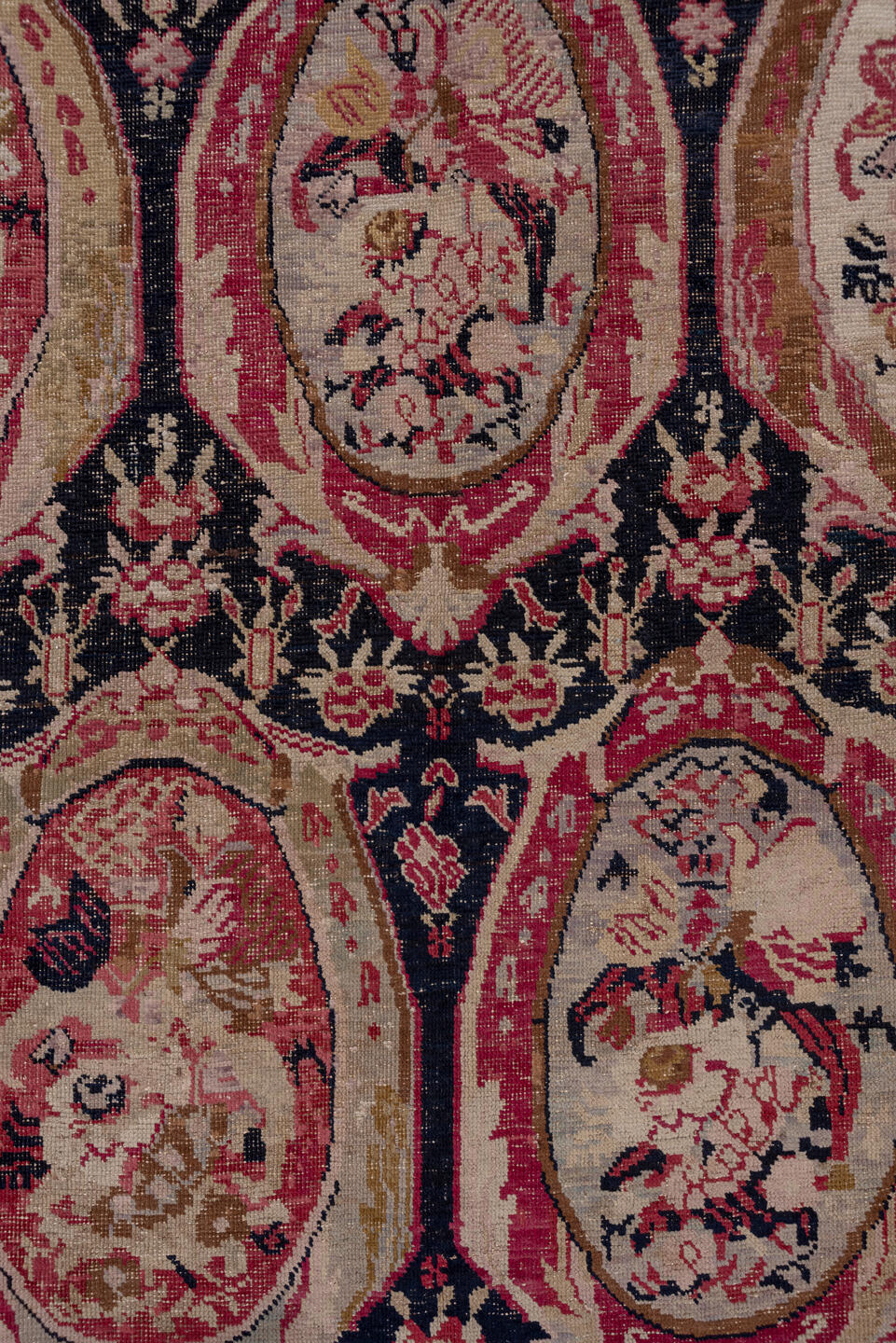 7' x 19' one-of-a-kind handmade vintage Karabagh rug. Color palette: navy, rose, ivory, burgundy, blush, taupe, olive, camel