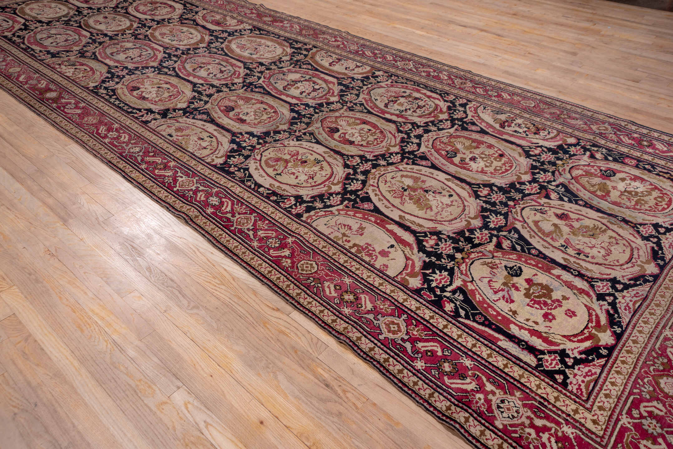 7' x 19' one-of-a-kind handmade vintage Karabagh rug. Color palette: navy, rose, ivory, burgundy, blush, taupe, olive, camel