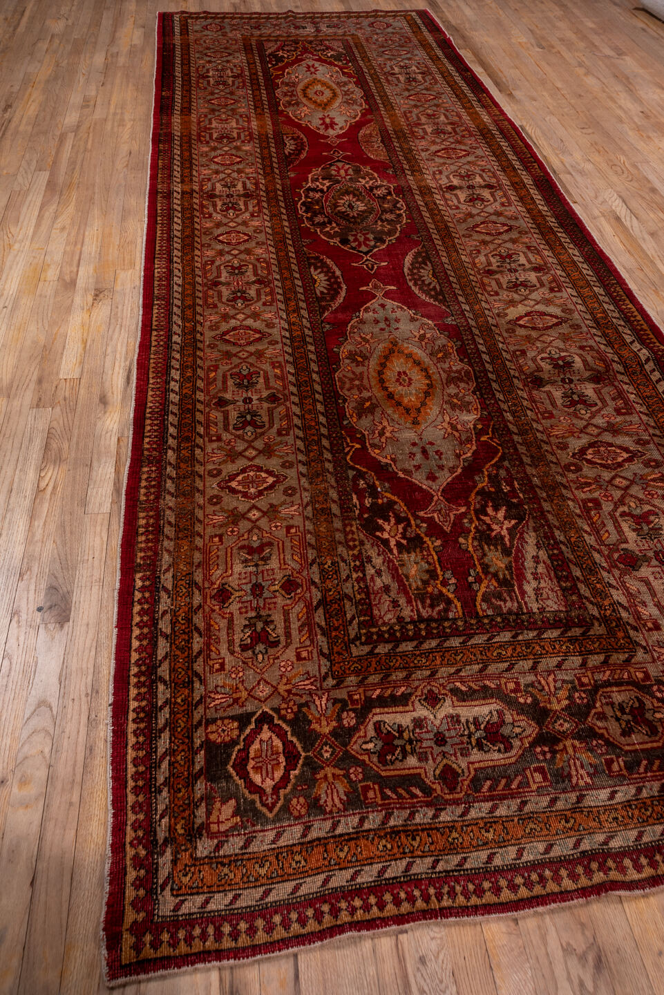 5' x 15' one-of-a-kind handmade vintage Sivas rug. Color palette: burgundy, taupe, rust, ivory, brown, rose, gold, charcoal