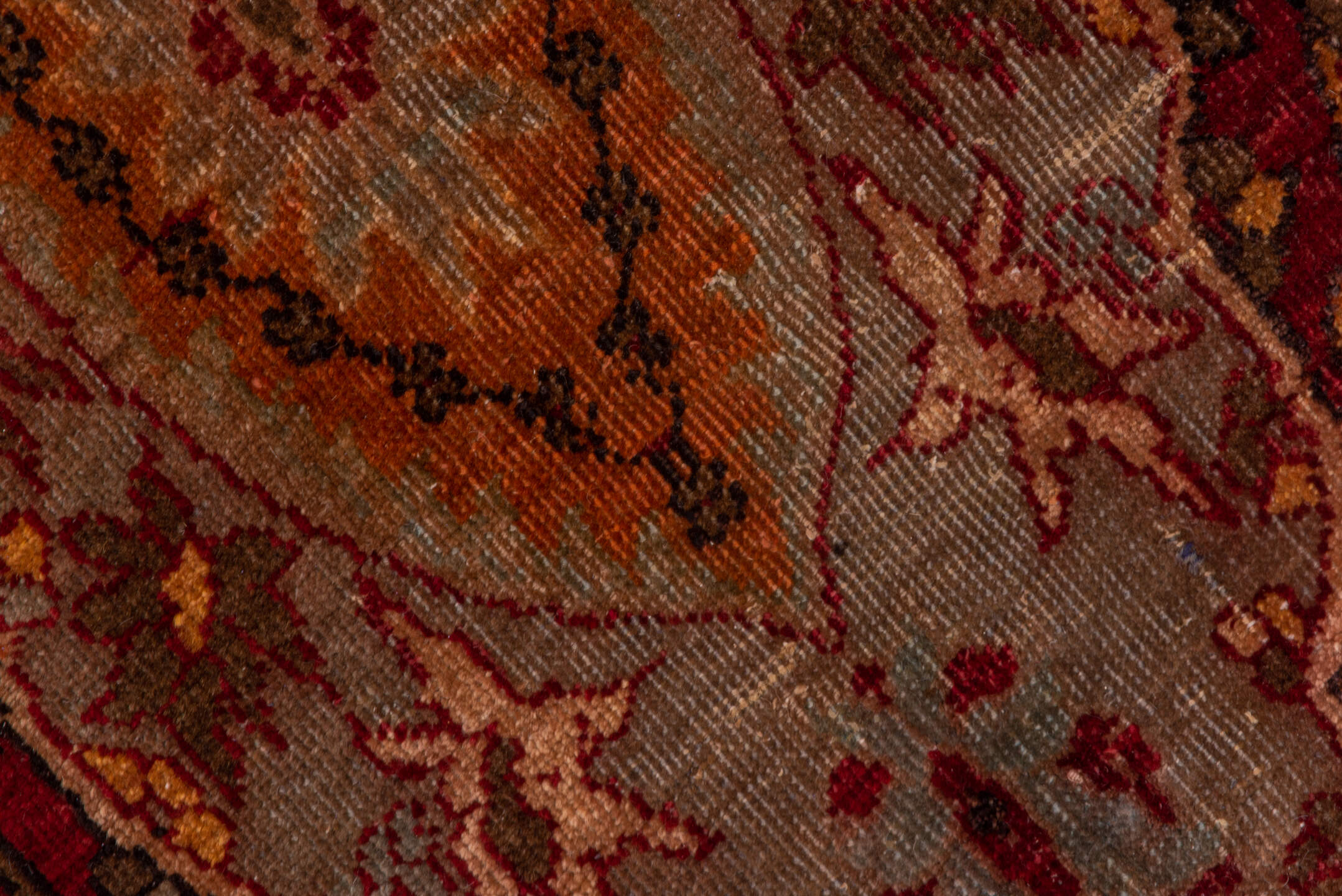 5' x 15' one-of-a-kind handmade vintage Sivas rug. Color palette: burgundy, taupe, rust, ivory, brown, rose, gold, charcoal