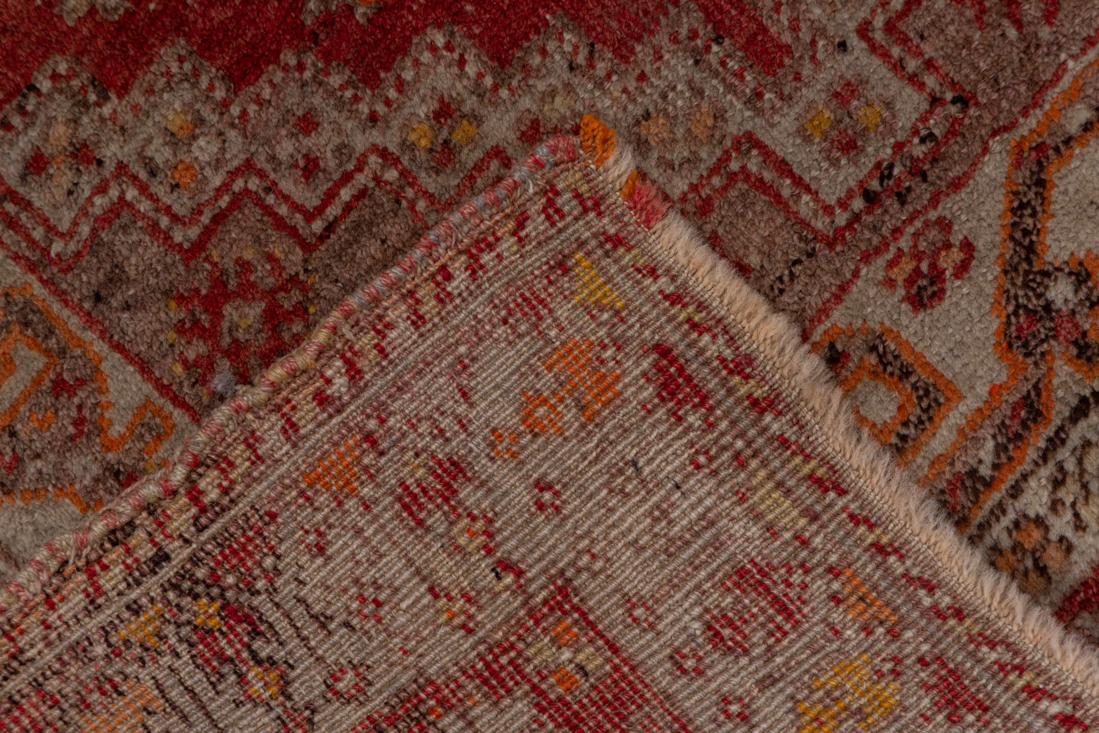 3' x 10' one-of-a-kind handmade vintage Sivas runner rug. Color palette: rust, rose, taupe, ivory, terra cotta, brown, gold