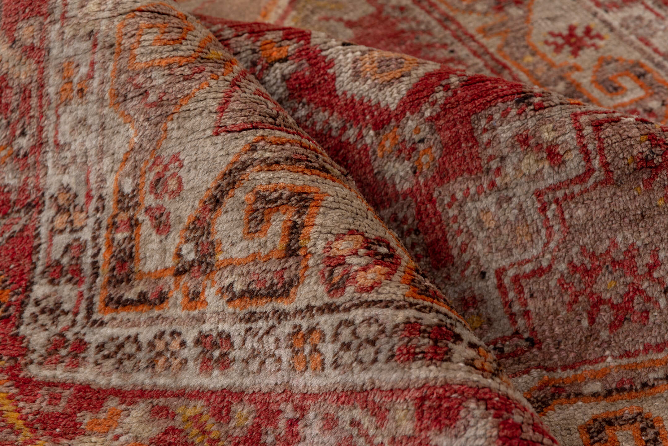 3' x 10' one-of-a-kind handmade vintage Sivas runner rug. Color palette: brown, gray, off-white, pink, red, snow, white