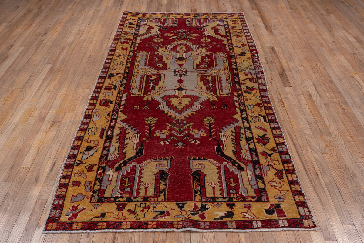 4' x 9' one-of-a-kind handmade vintage Oushak runner rug. Color palette: rust, ivory, gold, burgundy, charcoal, sage, taupe