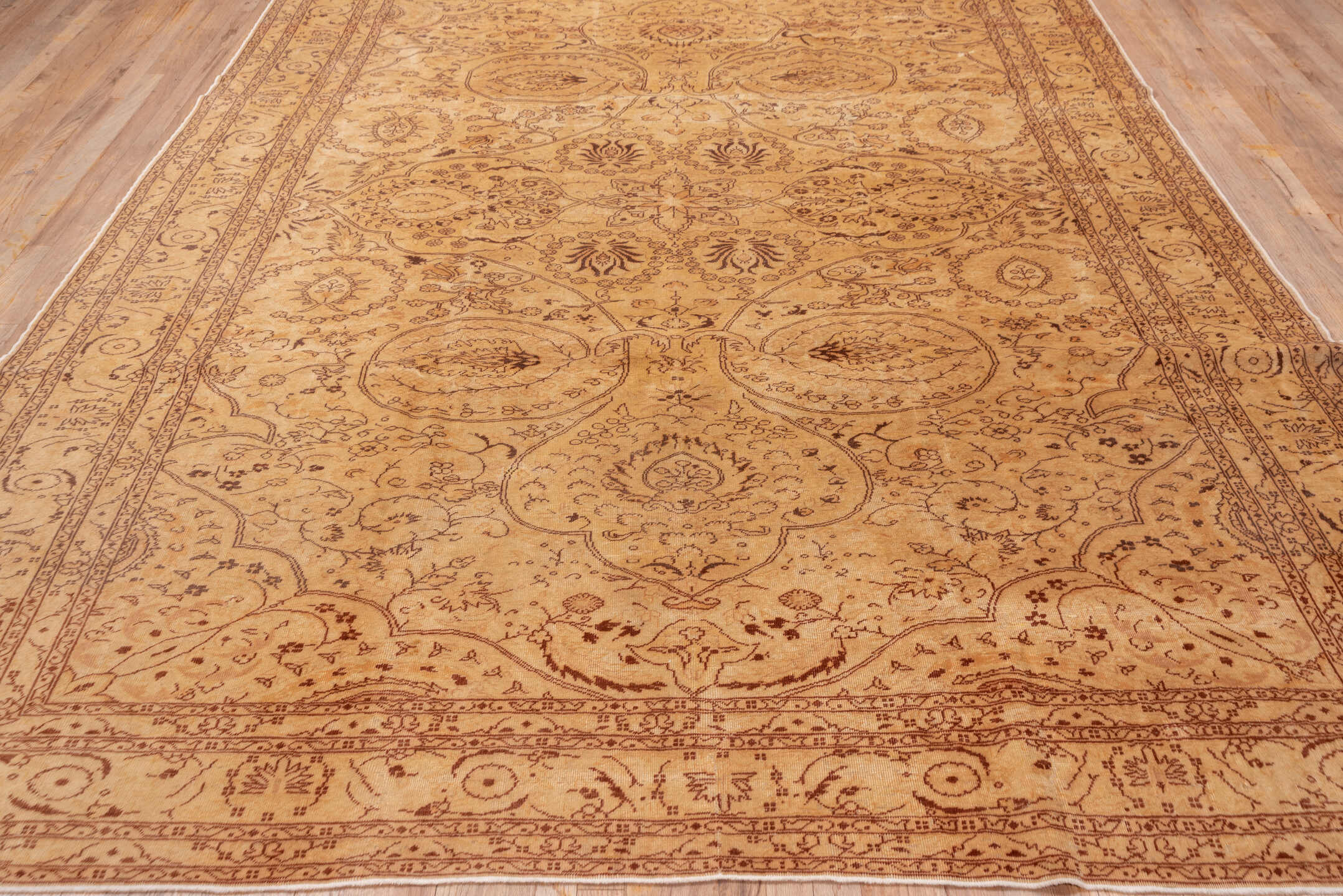 8' x 11' one-of-a-kind handmade antique Sivas large size rug. Color palette: beige, camel, taupe, rose, terra cotta, brown