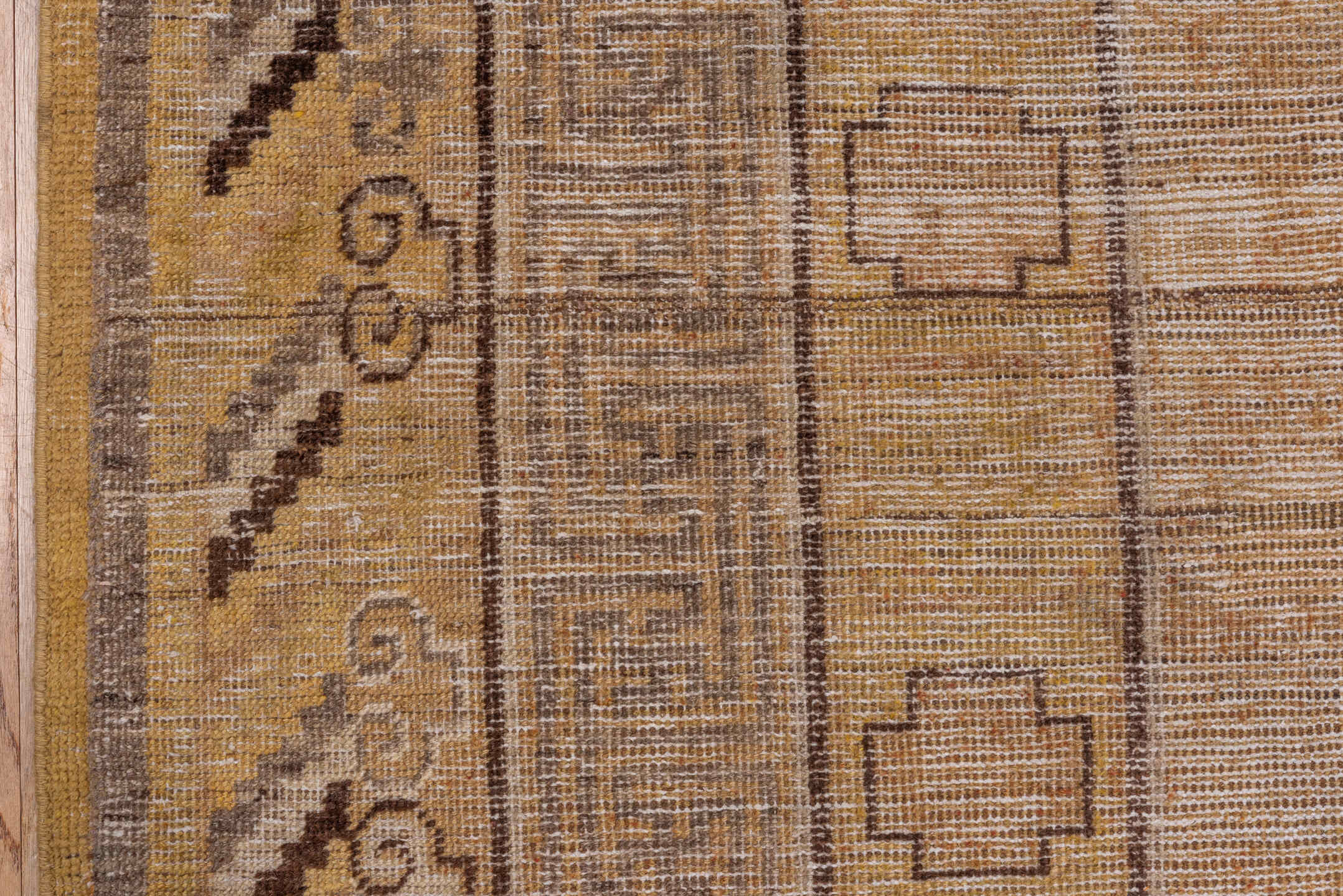 7' x 13' one-of-a-kind handmade antique Khotan large size rug. Color palette: camel, taupe, beige, brown, ivory, ochre, gray