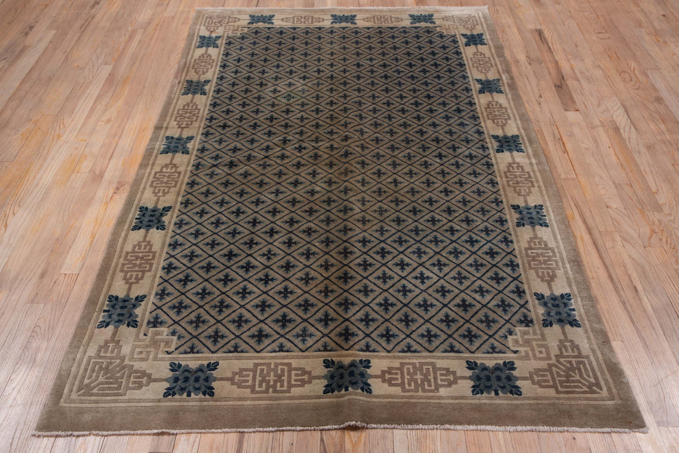 4' x 7' one-of-a-kind handmade vintage Chinese rug. Color palette: beige, ivory, slate, navy, taupe, blue, gray
