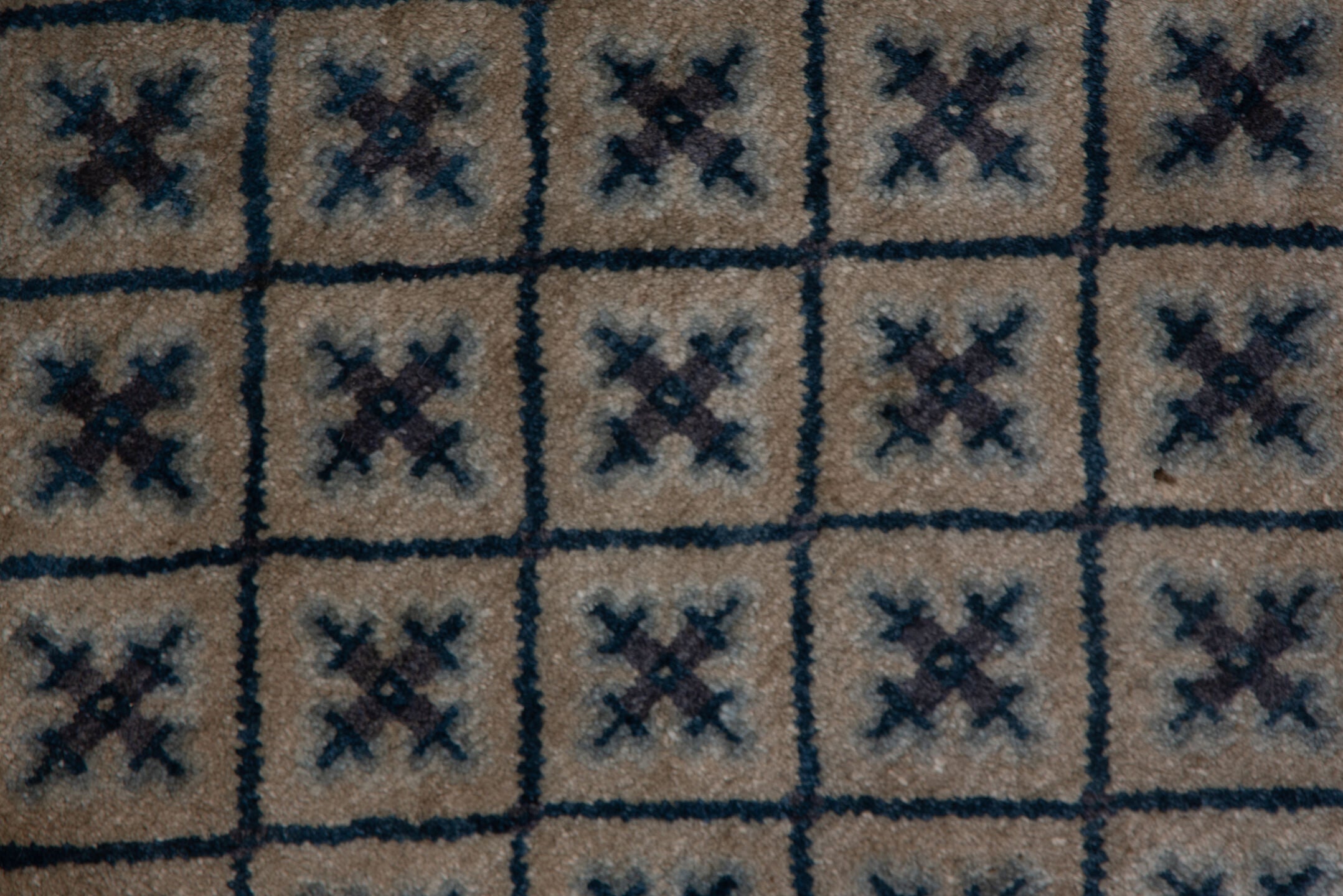 4' x 7' one-of-a-kind handmade vintage Chinese rug. Color palette: beige, ivory, slate, navy, taupe, blue, gray