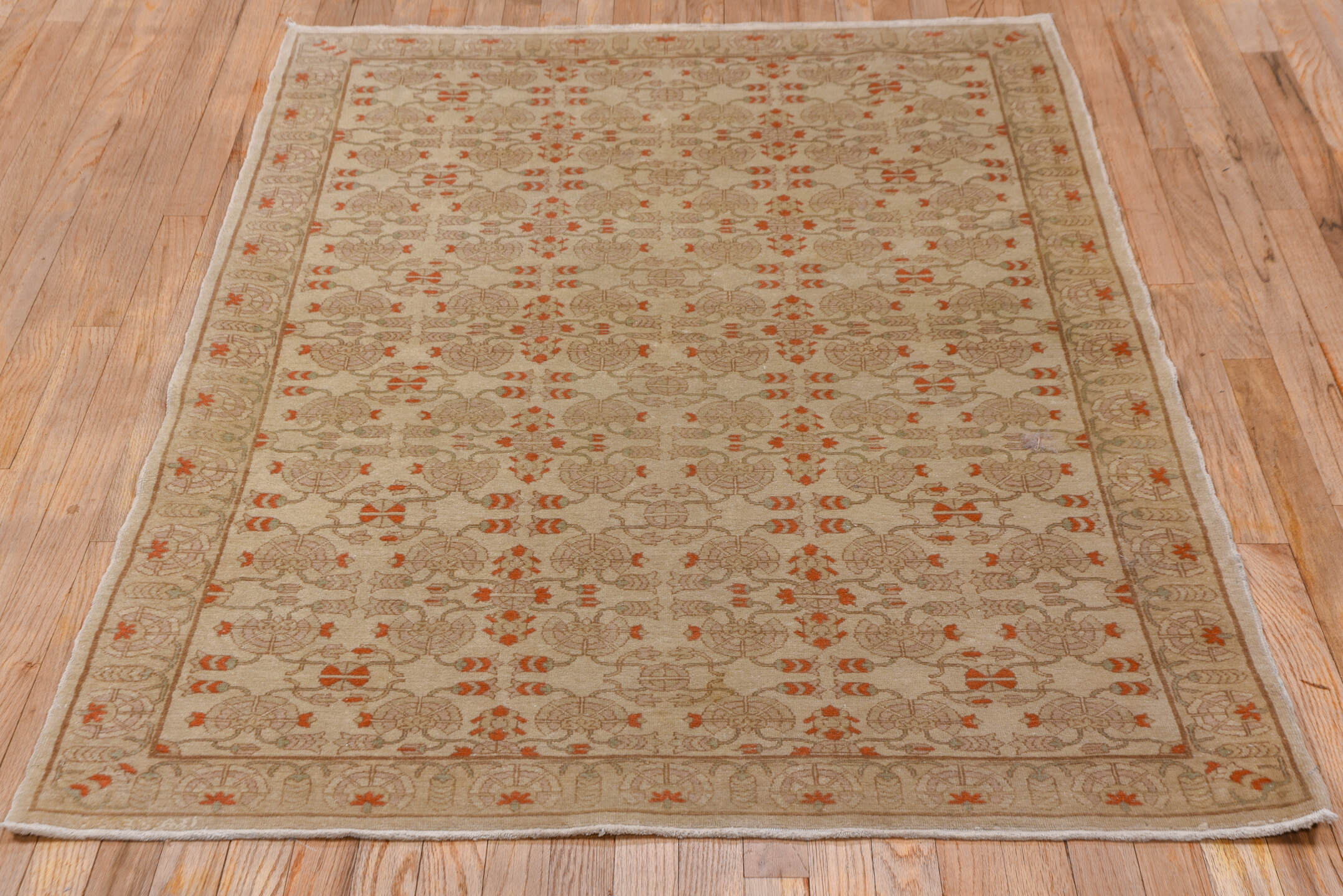 4' x 5' one-of-a-kind handmade vintage Hereke small size rug. Color palette: beige, taupe, ivory, terra cotta, camel, gray