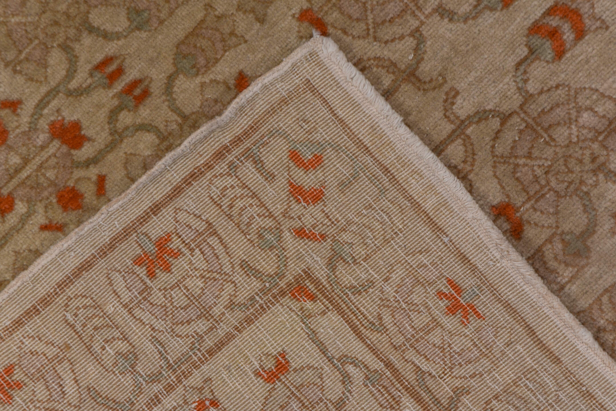 4' x 5' one-of-a-kind handmade vintage Hereke small size rug. Color palette: beige, taupe, ivory, terra cotta, camel, gray