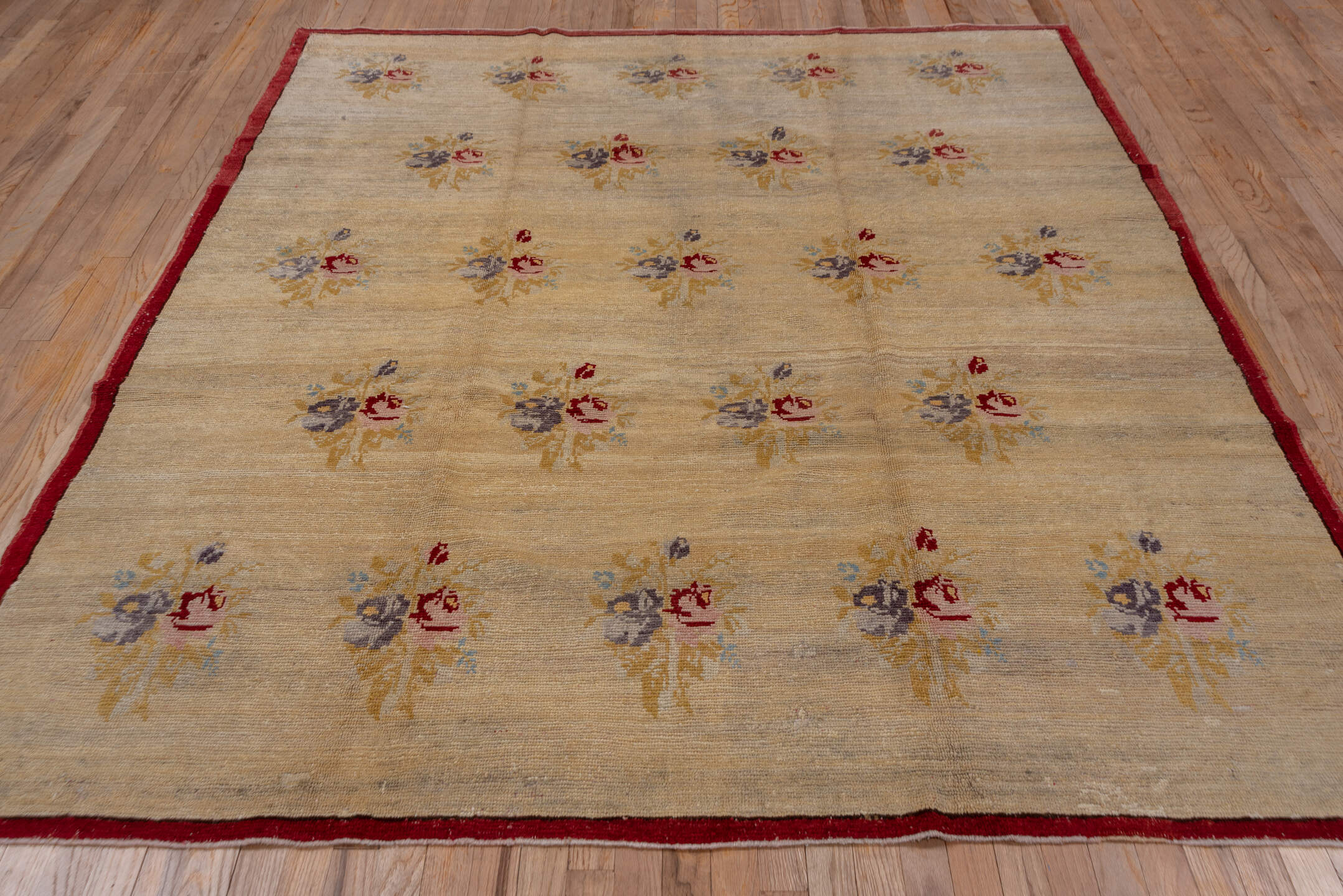 6' x 8' one-of-a-kind handmade vintage Oushak medium size rug. Color palette: ivory, rust, gold, lavender, sky blue, rose