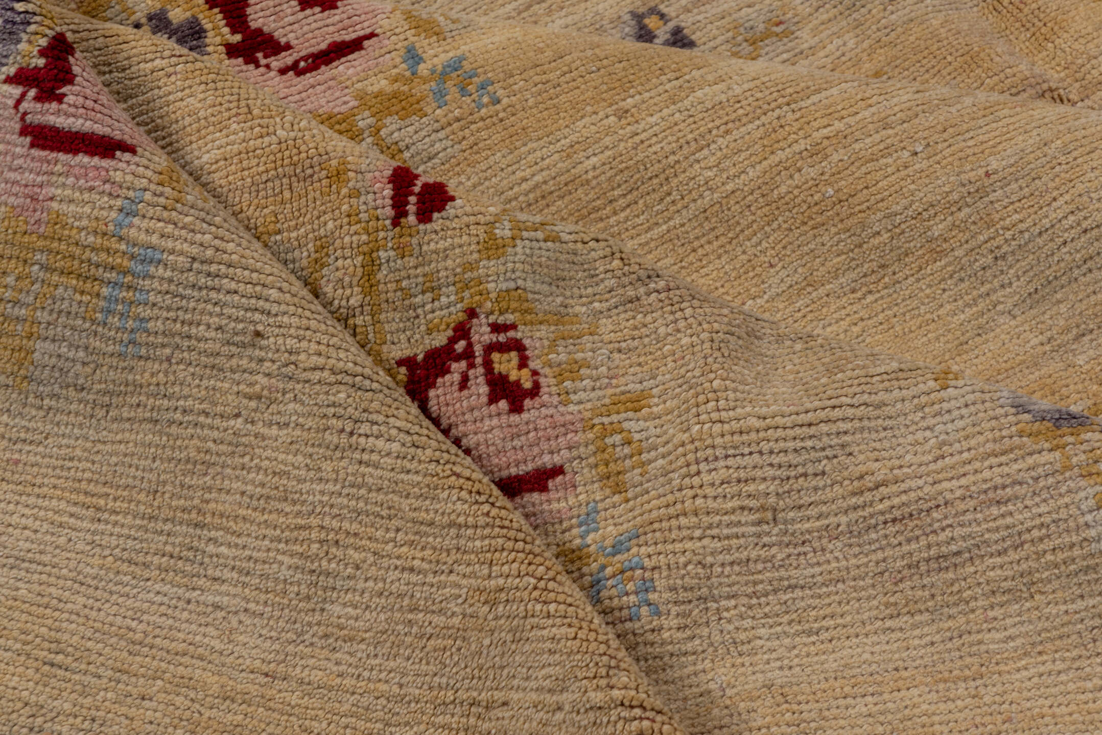 6' x 8' one-of-a-kind handmade vintage Oushak medium size rug. Color palette: ivory, rust, gold, lavender, sky blue, rose
