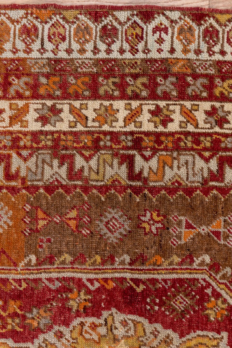 3' x 5' one-of-a-kind handmade vintage Sivas small size rug. Color palette: brown, gray, light gray, off-white, orange, pink