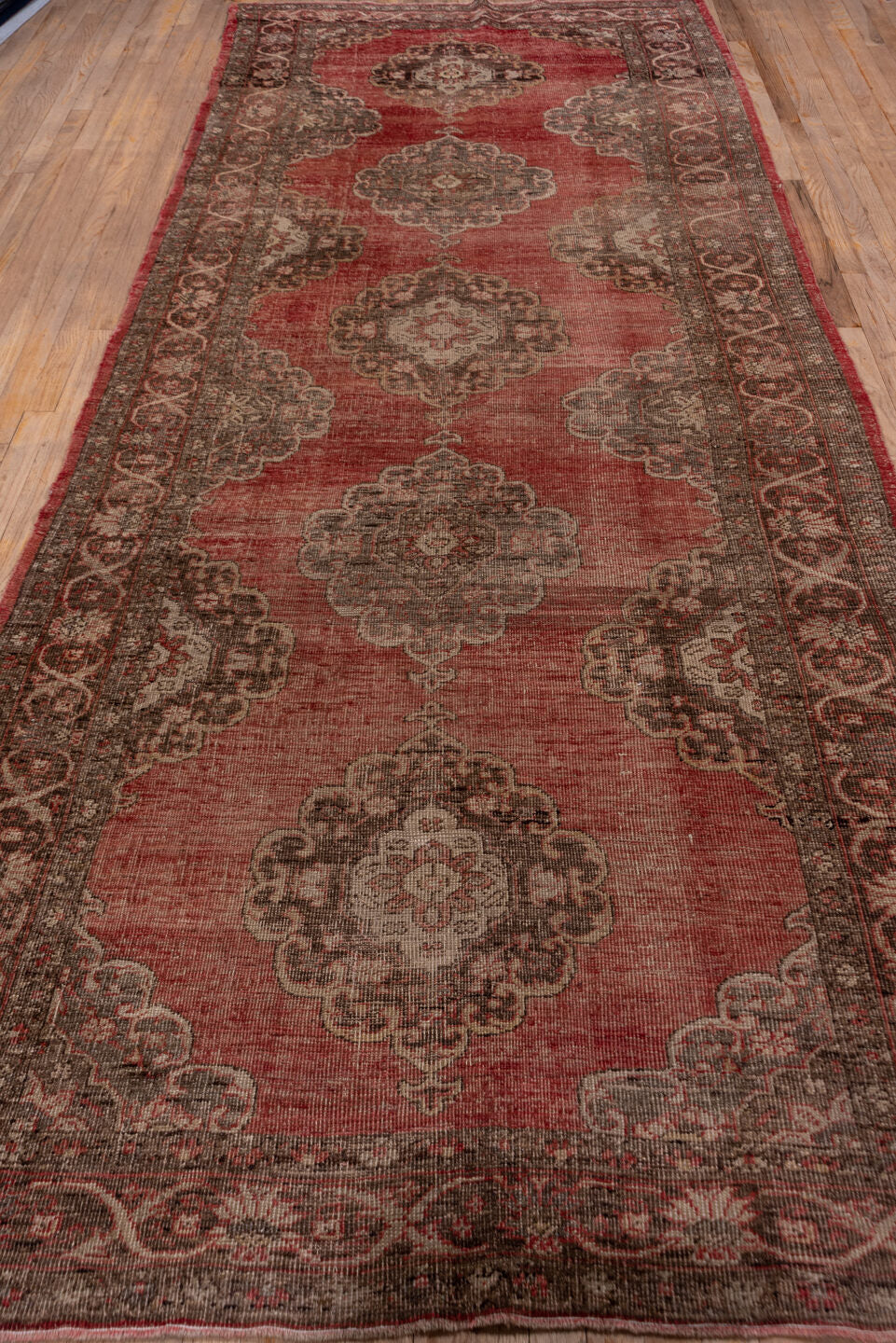 4' x 13' one-of-a-kind handmade vintage Oushak runner rug. Color palette: brown, gray, off-white, pink, red, snow, white