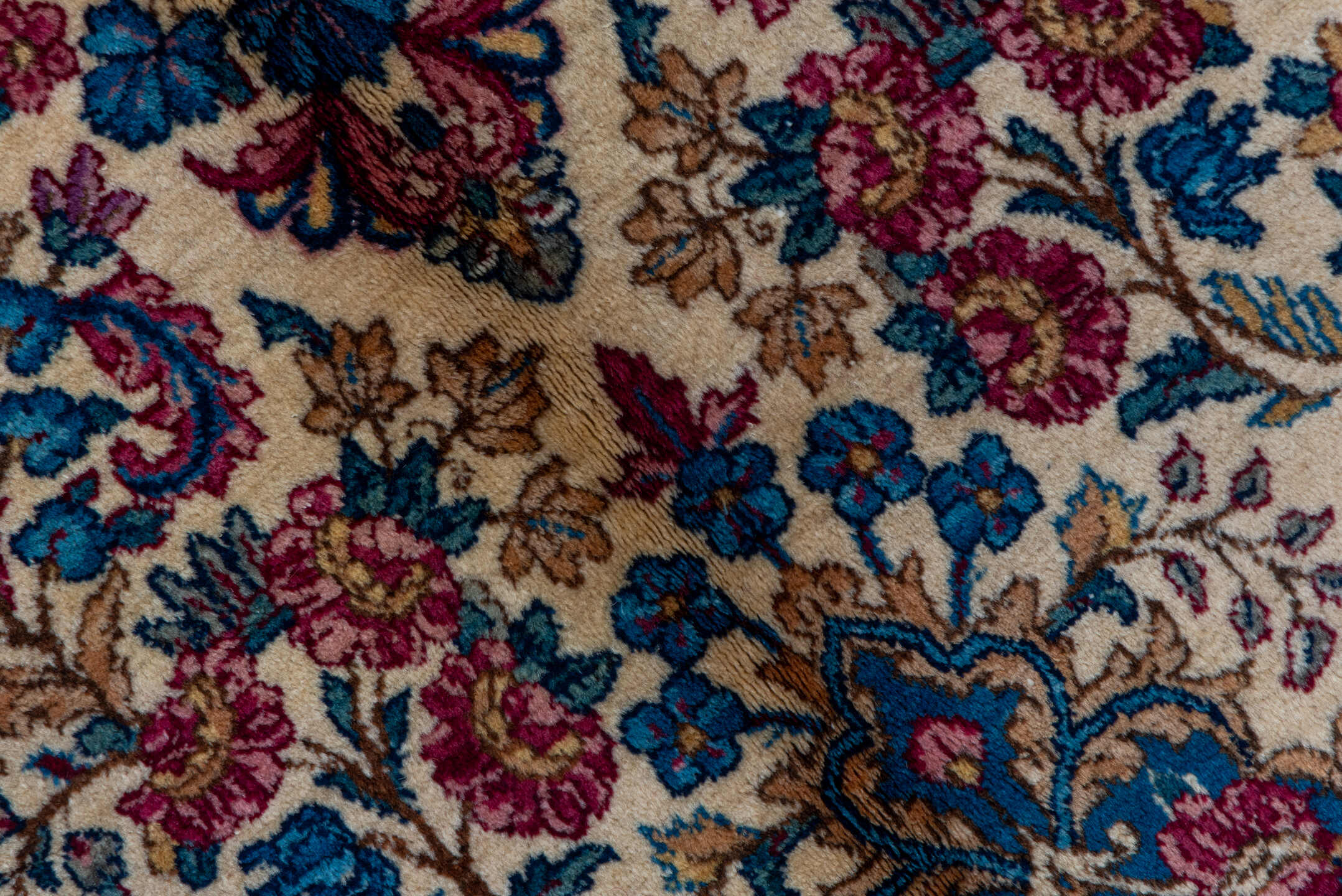 8' x 12' one-of-a-kind handmade vintage Kerman large size rug. Color palette: blue, brown, dark gray, fiord, gray