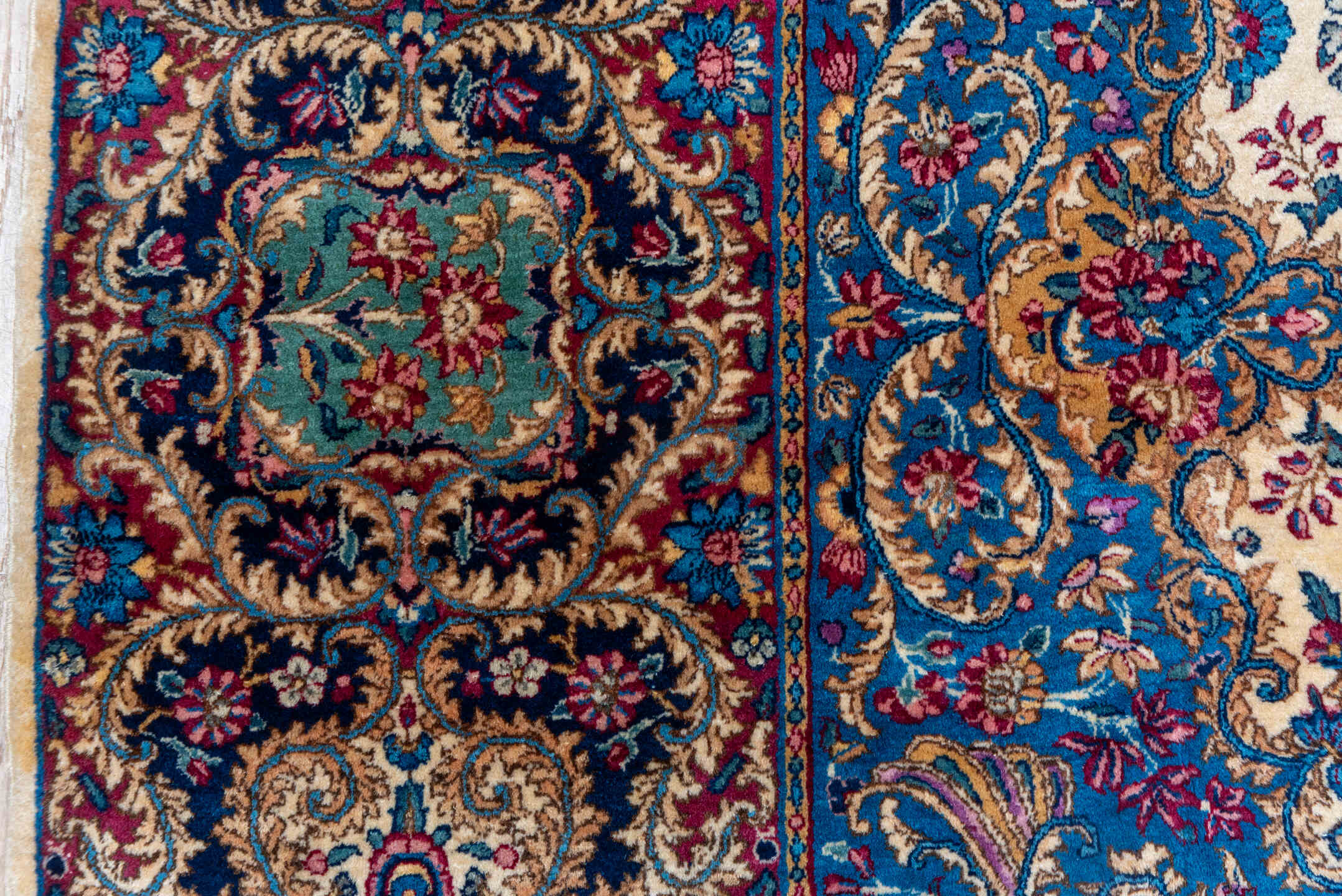 8' x 12' one-of-a-kind handmade vintage Kerman large size rug. Color palette: blue, brown, dark gray, fiord, gray