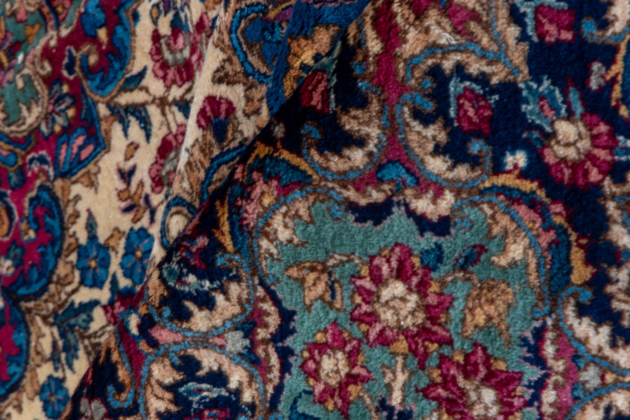 8' x 12' one-of-a-kind handmade vintage Kerman large size rug. Color palette: blue, brown, dark gray, fiord, gray