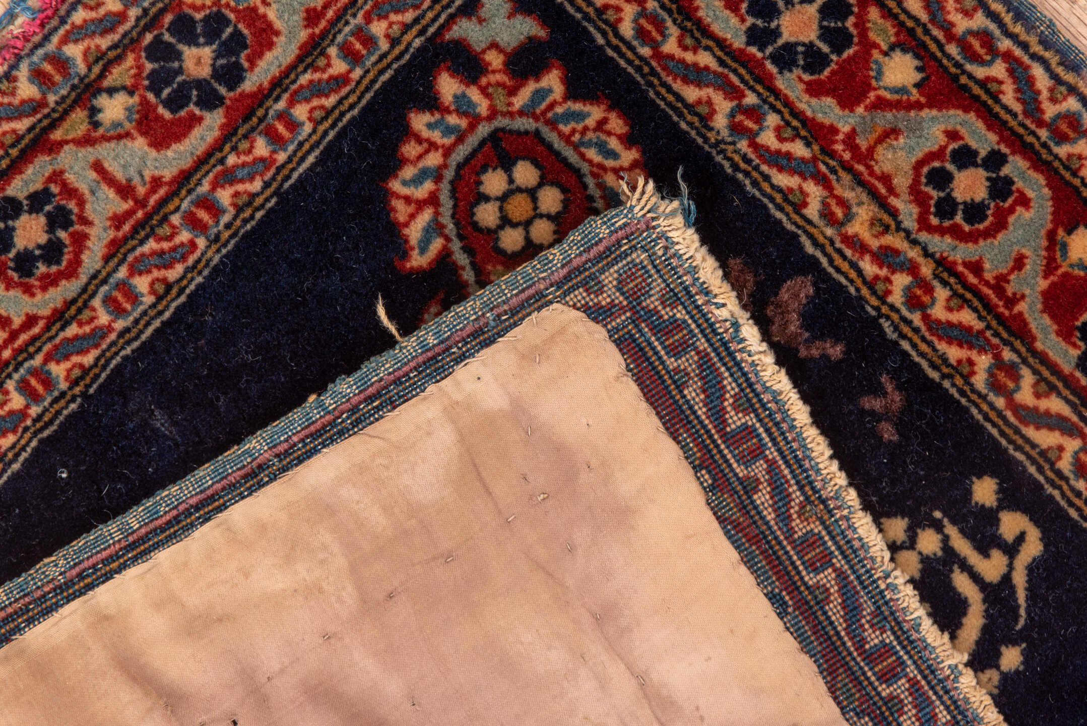 1' x 1' one-of-a-kind handmade vintage Kashan small size rug. Color palette: navy, ivory, rust, rose, camel, charcoal, blue
