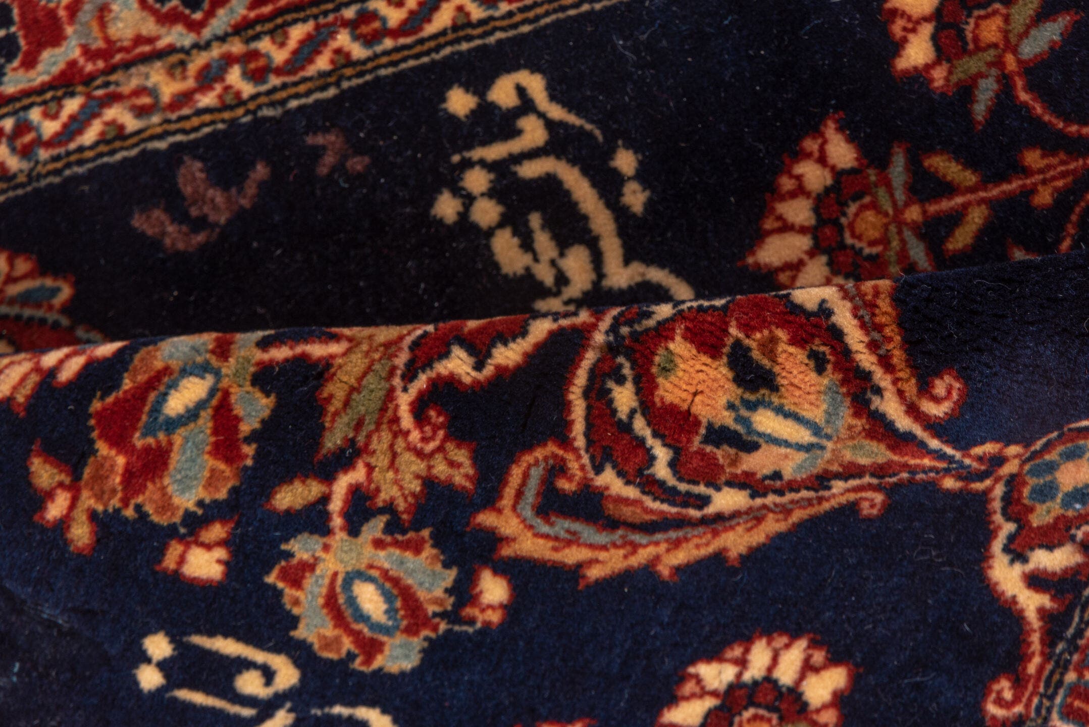1' x 1' one-of-a-kind handmade vintage Kashan small size rug. Color palette: navy, ivory, rust, rose, camel, charcoal, blue