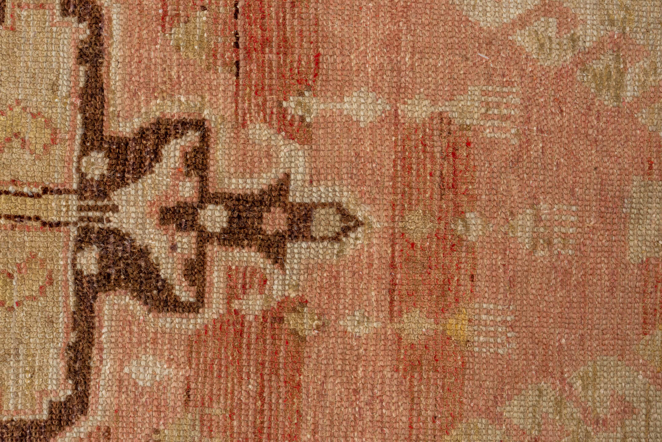 5' x 8' one-of-a-kind handmade antique Oushak medium size rug. Color palette: ivory, rose, taupe, brown, rust, camel