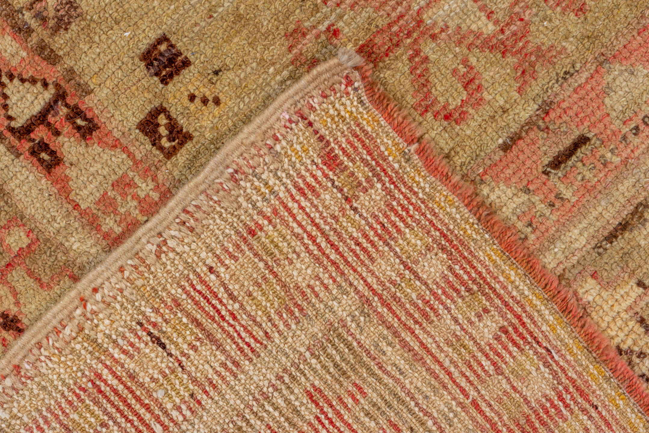 5' x 8' one-of-a-kind handmade antique Oushak medium size rug. Color palette: ivory, rose, taupe, brown, rust, camel