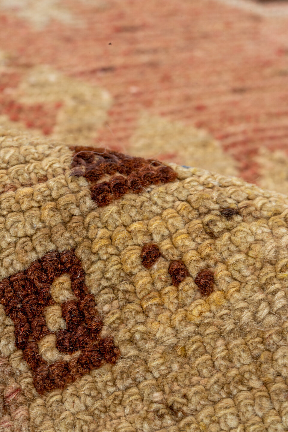 5' x 8' one-of-a-kind handmade vintage Oushak medium size rug. Color palette: brown, burlywood, off-white, orange, pink, tan