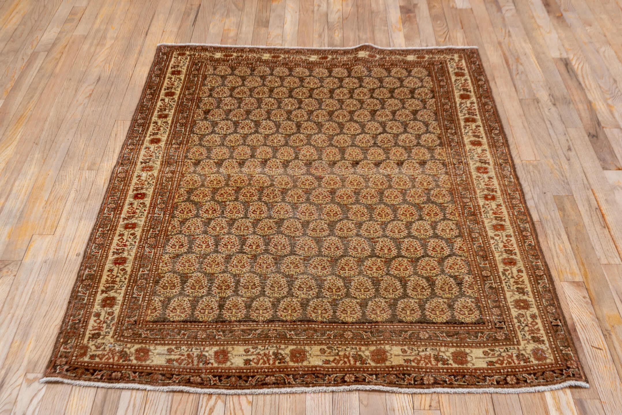 4' x 5' one-of-a-kind handmade vintage Tabriz small size rug. Color palette: rust, ivory, brown, camel, taupe, terracotta