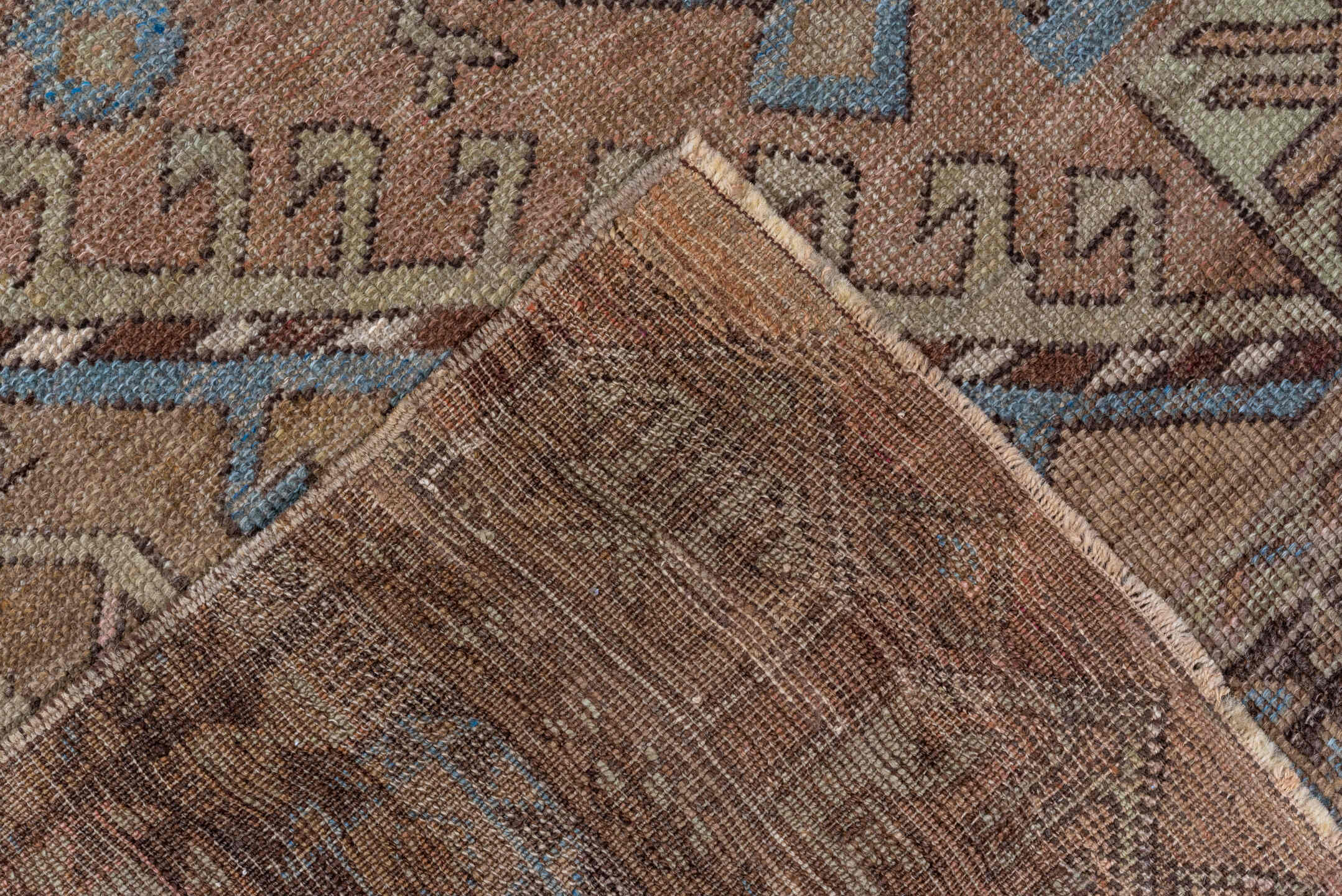 5' x 11' one-of-a-kind handmade vintage Oushak rug. Color palette: taupe, beige, brown, dusty rose, pale blue, ivory