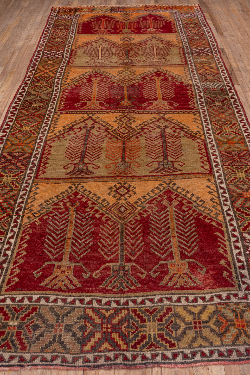 5' x 13' one-of-a-kind handmade vintage Oushak rug. Color palette: peach, rust, burgundy, ivory, taupe, terra cotta, olive