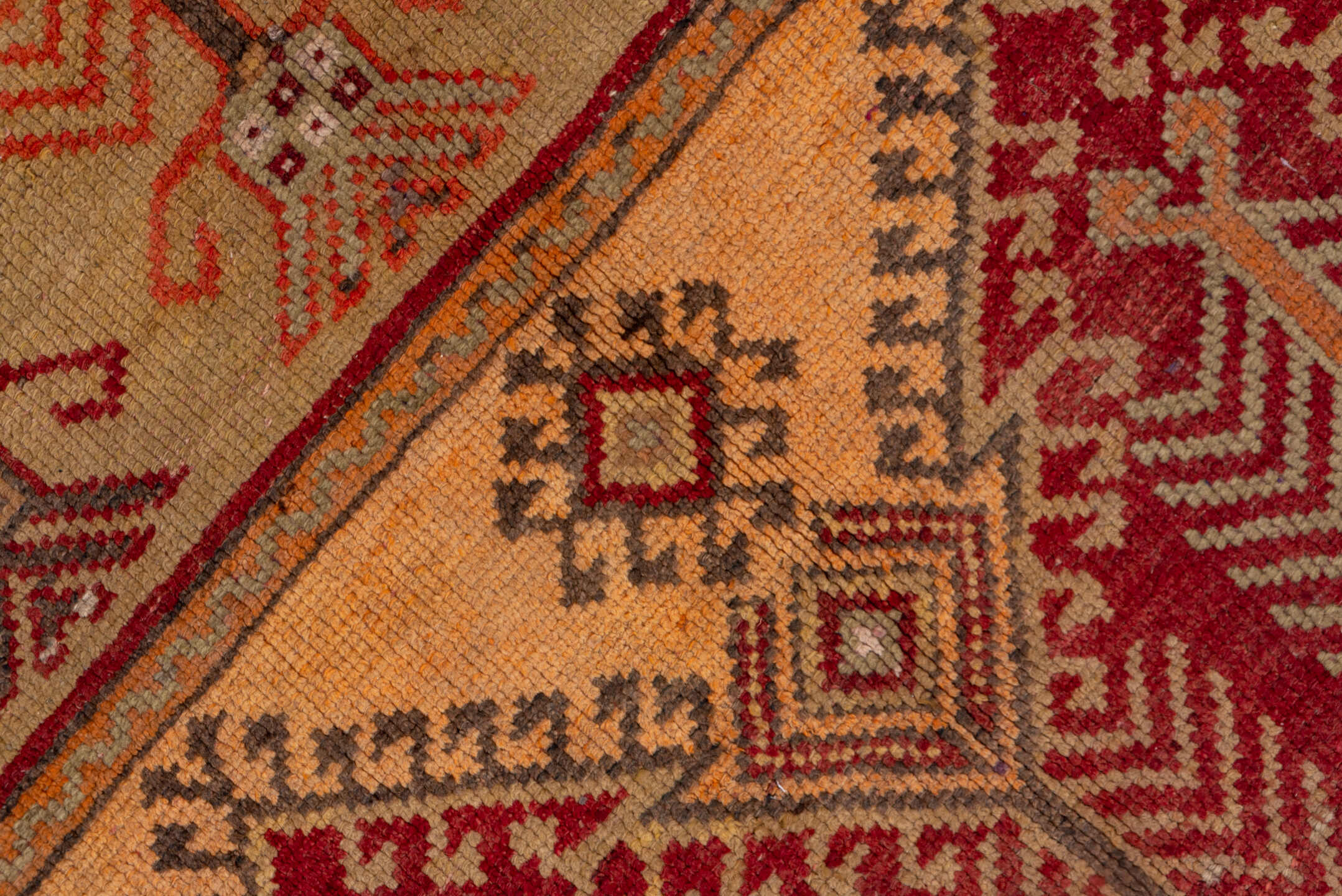 5' x 13' one-of-a-kind handmade vintage Oushak rug. Color palette: peach, rust, burgundy, ivory, taupe, terra cotta, olive