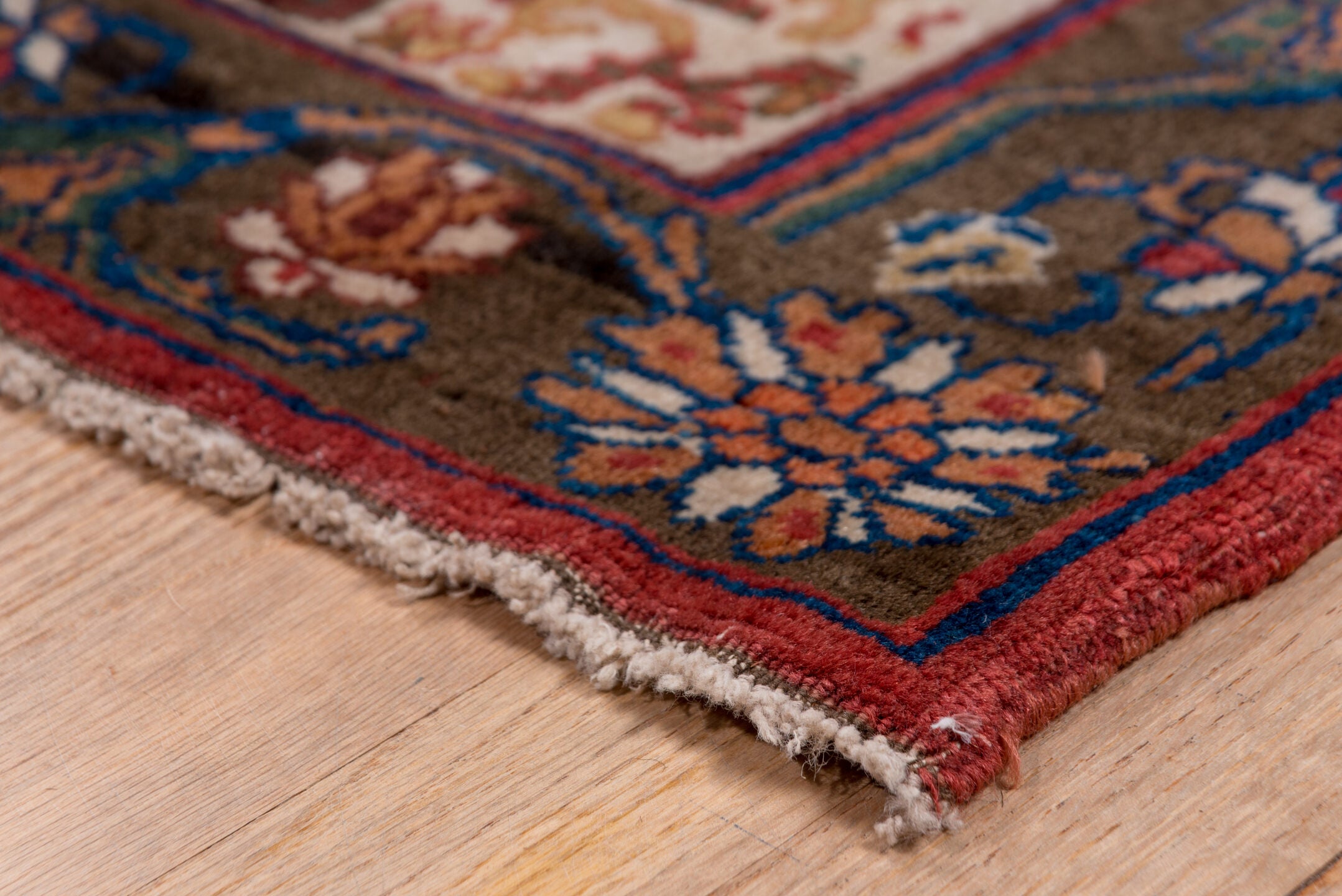 5' x 7' one-of-a-kind handmade vintage Bidjar rug. Color palette: brown, gray, pink, blue, black, red, light gray, fiord