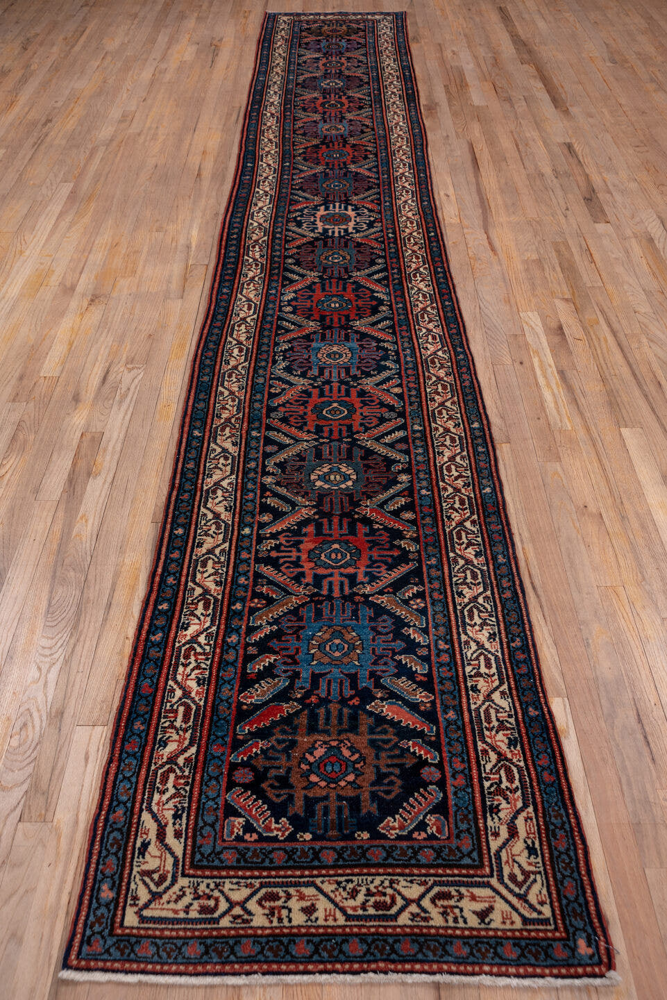 2' x 16' one-of-a-kind handmade antique Malayer runner rug. Color palette: navy, rust, ivory, indigo, camel, slate, blue