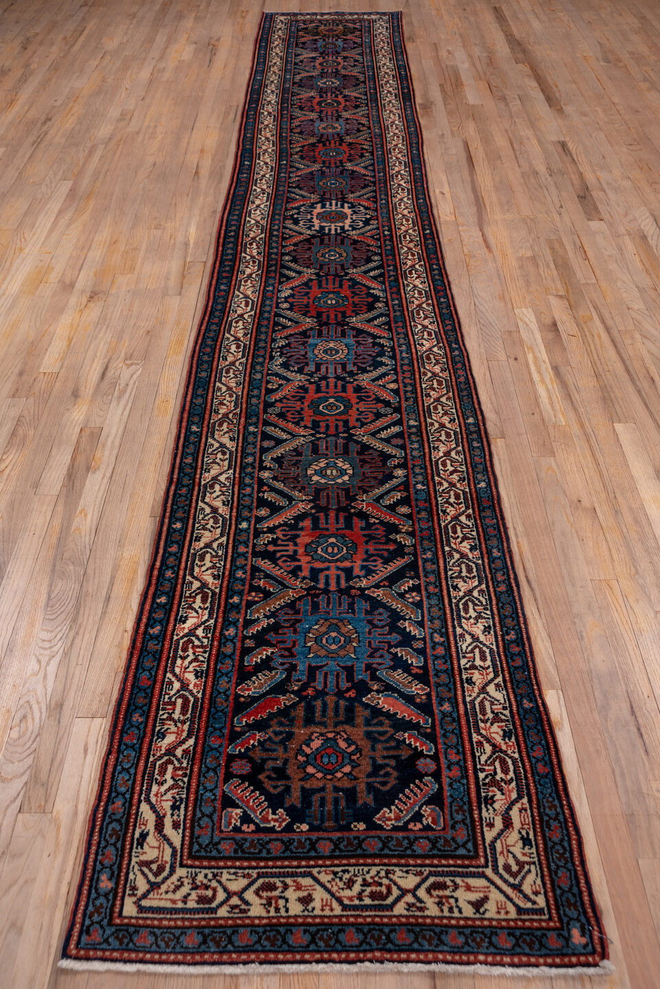 2' x 16' one-of-a-kind handmade vintage Malayer runner rug. Color palette: blue, brown, gray, off-white, pink, red, redwood