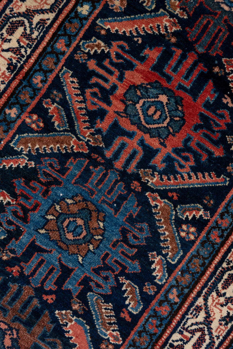 2' x 16' one-of-a-kind handmade antique Malayer runner rug. Color palette: navy, rust, ivory, indigo, camel, slate, blue