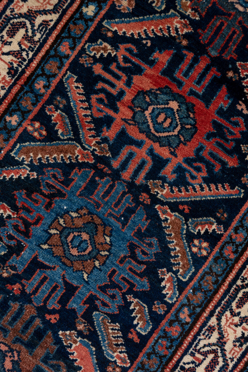 2' x 16' one-of-a-kind handmade vintage Malayer runner rug. Color palette: blue, brown, gray, off-white, pink, red, redwood