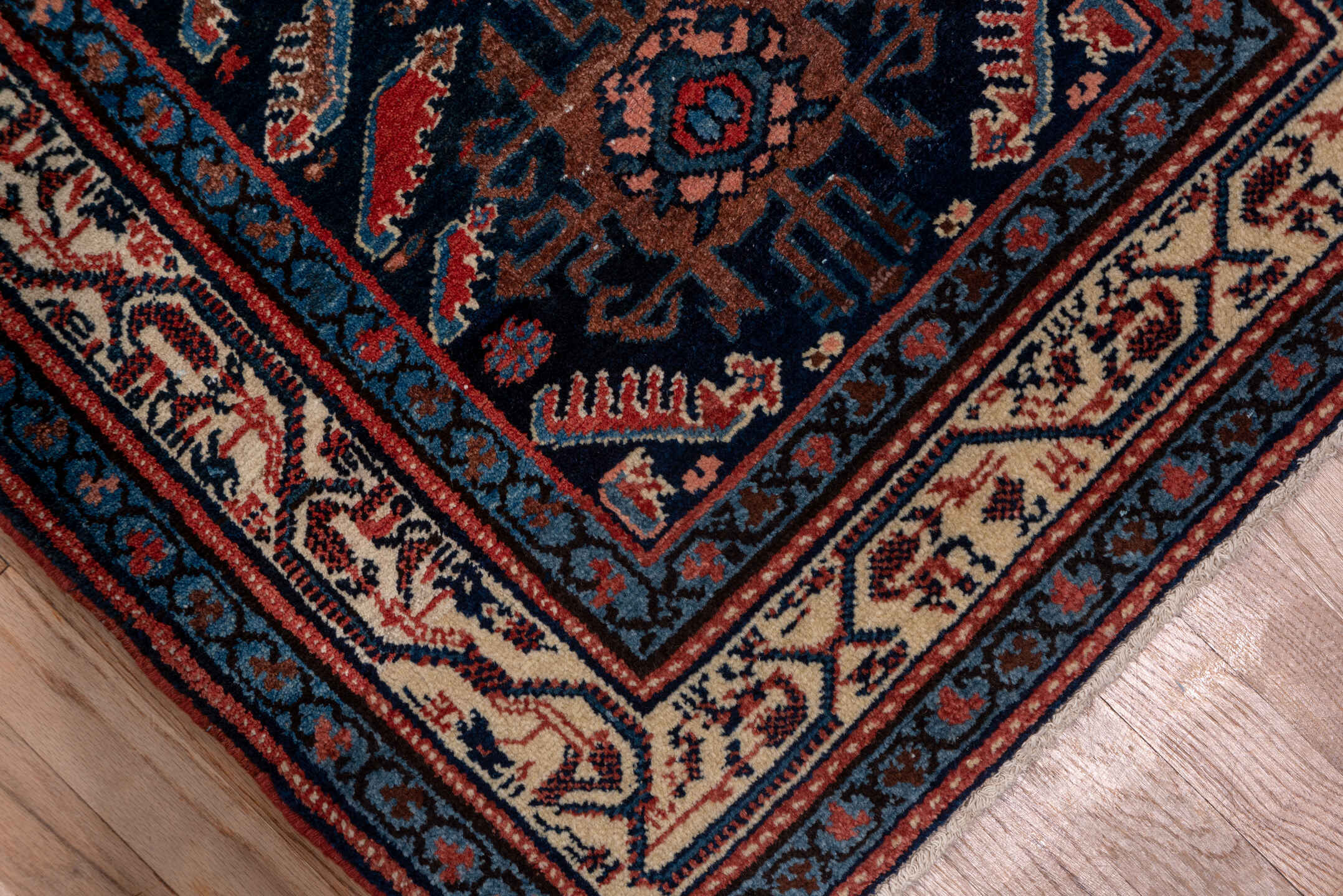 2' x 16' one-of-a-kind handmade vintage Malayer runner rug. Color palette: blue, brown, gray, off-white, pink, red, redwood