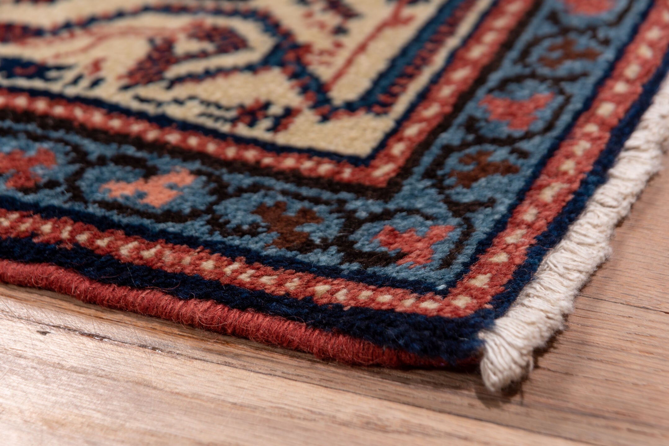 2' x 16' one-of-a-kind handmade vintage Malayer runner rug. Color palette: blue, brown, gray, off-white, pink, red, redwood