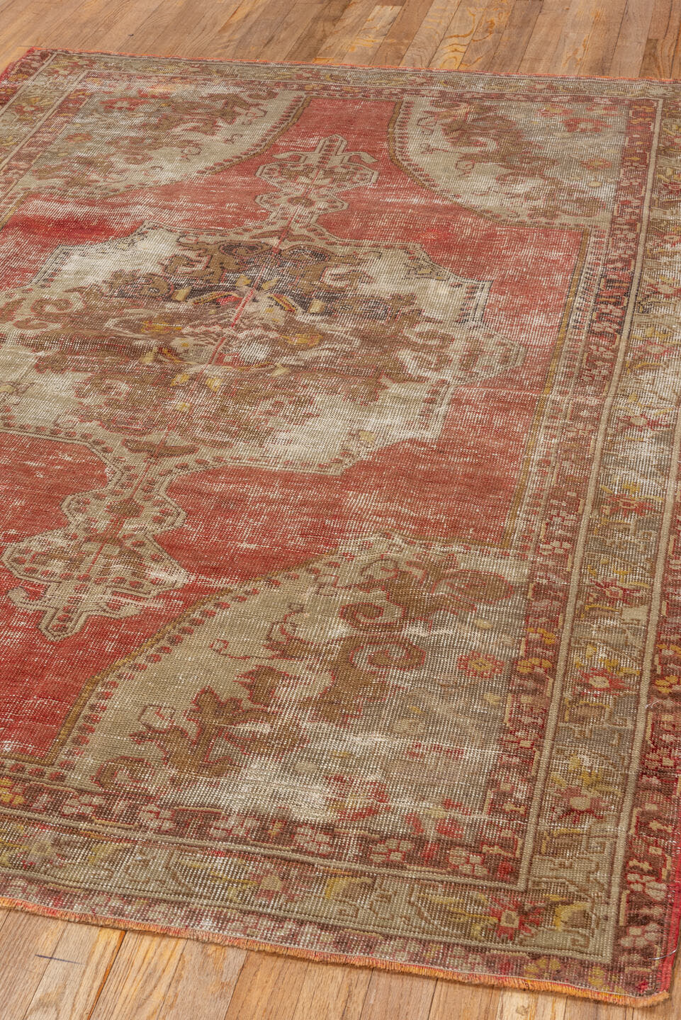 4' x 7' one-of-a-kind handmade vintage Oushak rug. Color palette: terra cotta, ivory, taupe, sage, rust, gold, brown