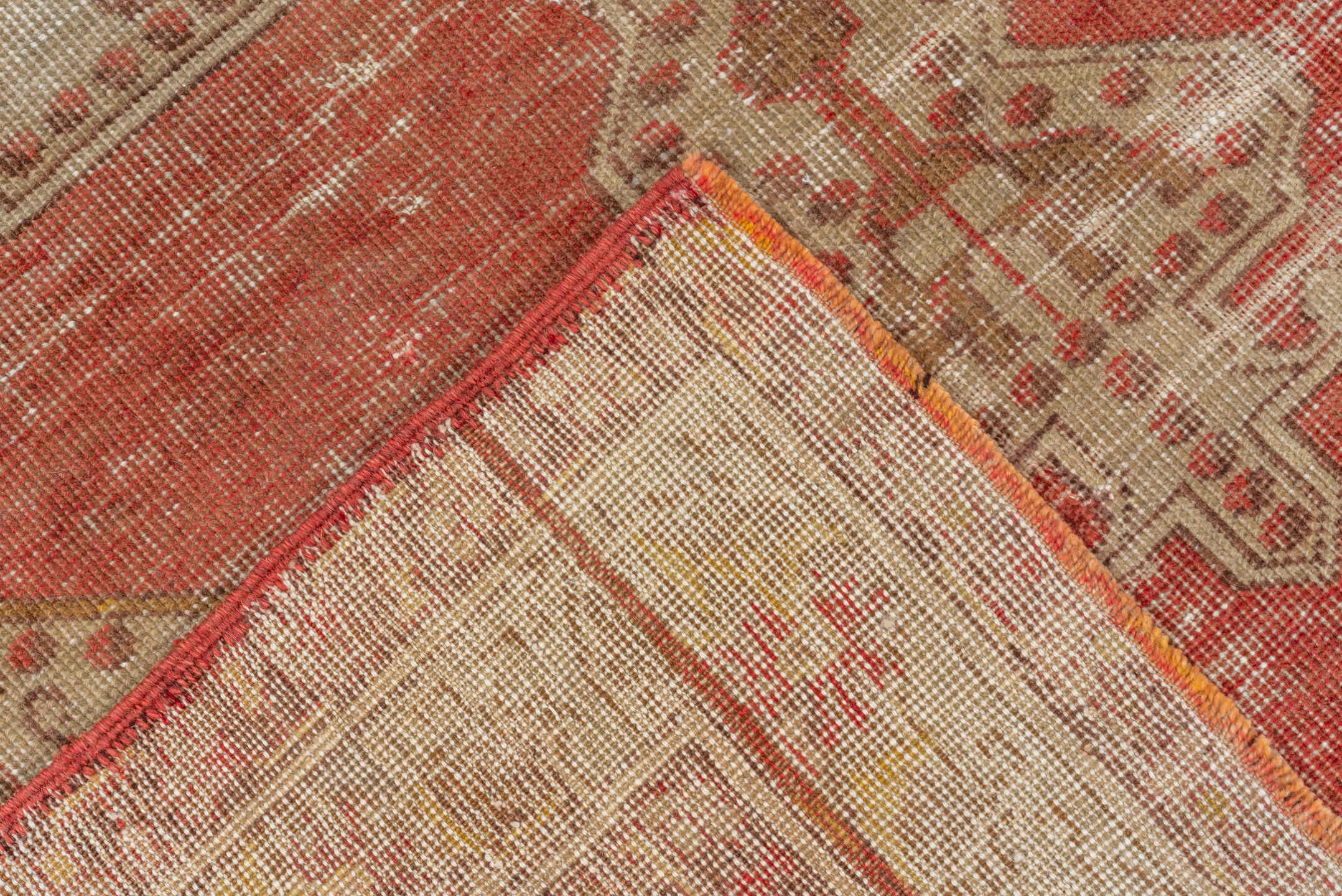 4' x 7' one-of-a-kind handmade vintage Oushak rug. Color palette: brown, gray, light gray, off-white, pink, red, sienna