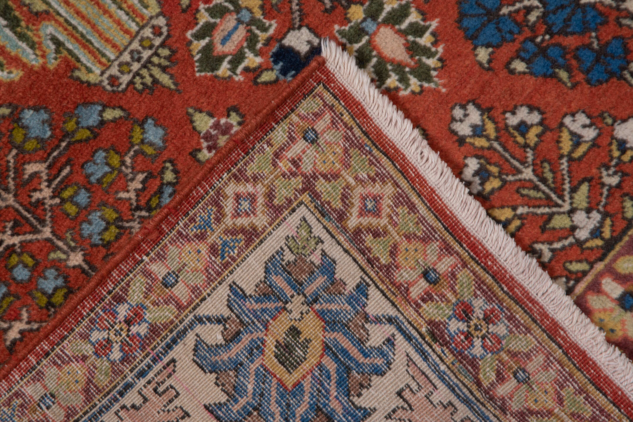 6' x 8' one-of-a-kind handmade vintage Tabriz medium size rug. Color palette: blue, brown, fiord, gray, off-white, pink, red