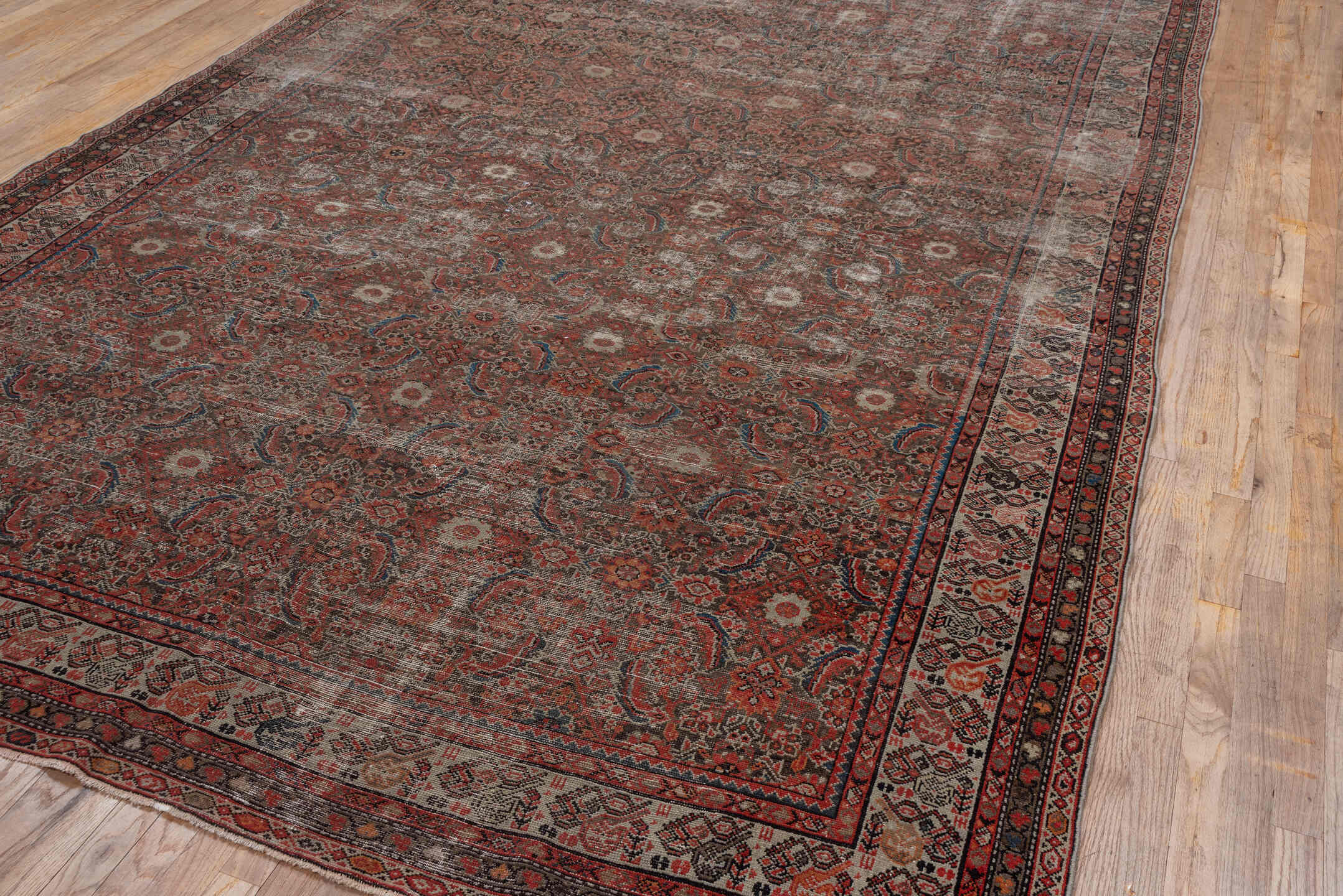 7' x 13' one-of-a-kind handmade vintage Malayer large size rug. Color palette: brown, gray, pink, red