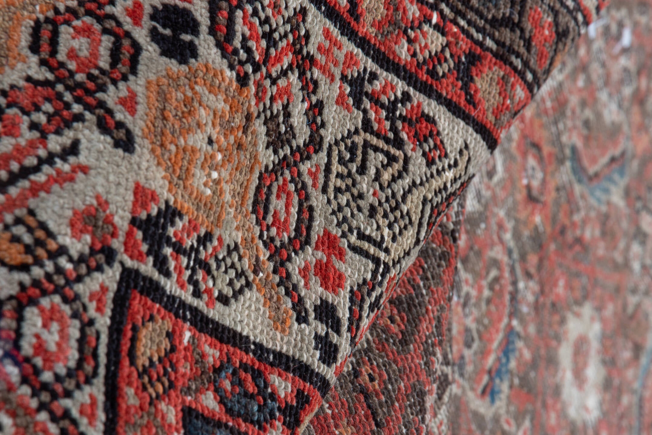 7' x 13' one-of-a-kind handmade vintage Malayer large size rug. Color palette: brown, gray, pink, red